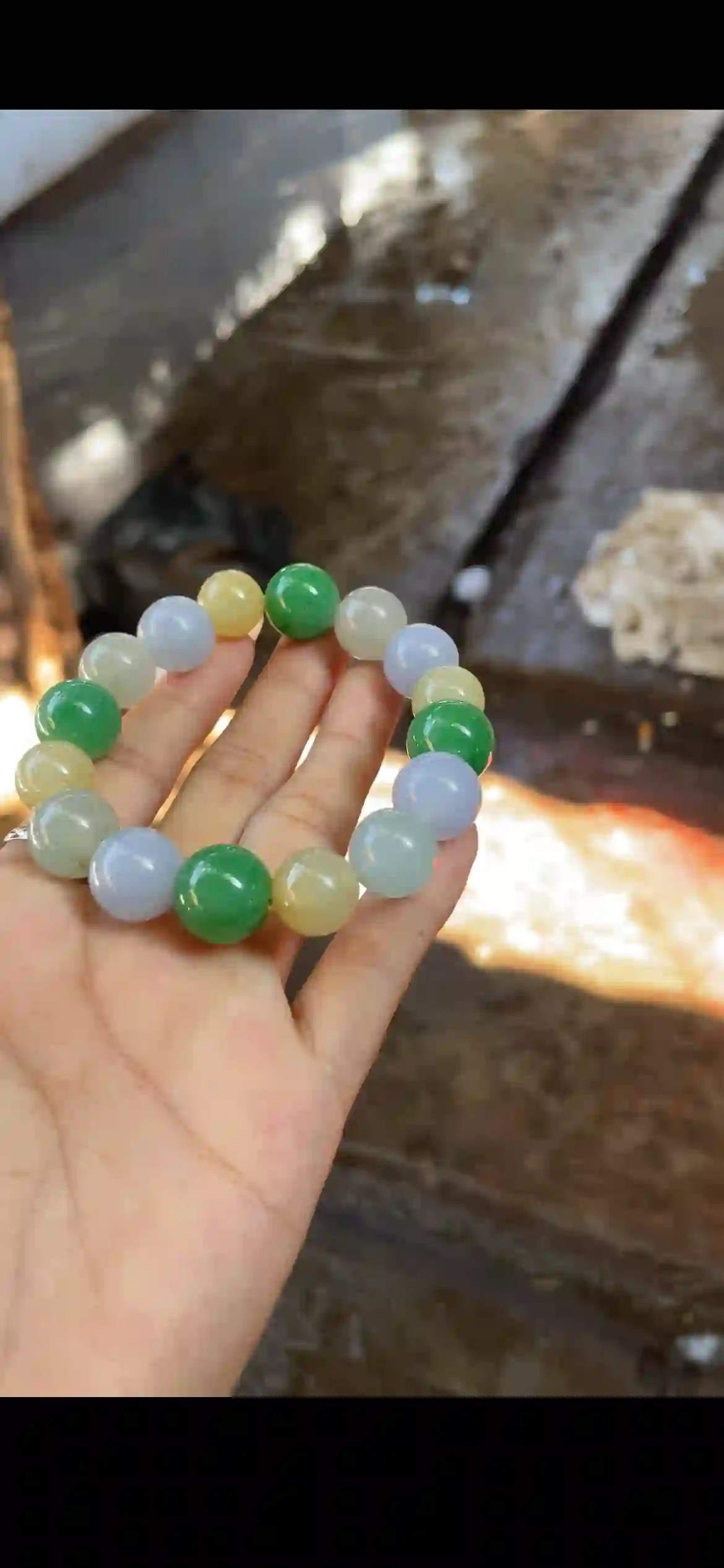 Vibrant Tri-Color Jadeite Beaded Bracelet — Green, Lavender & Golden Yellow Jade | Myanmar Jadeite reference #29790001