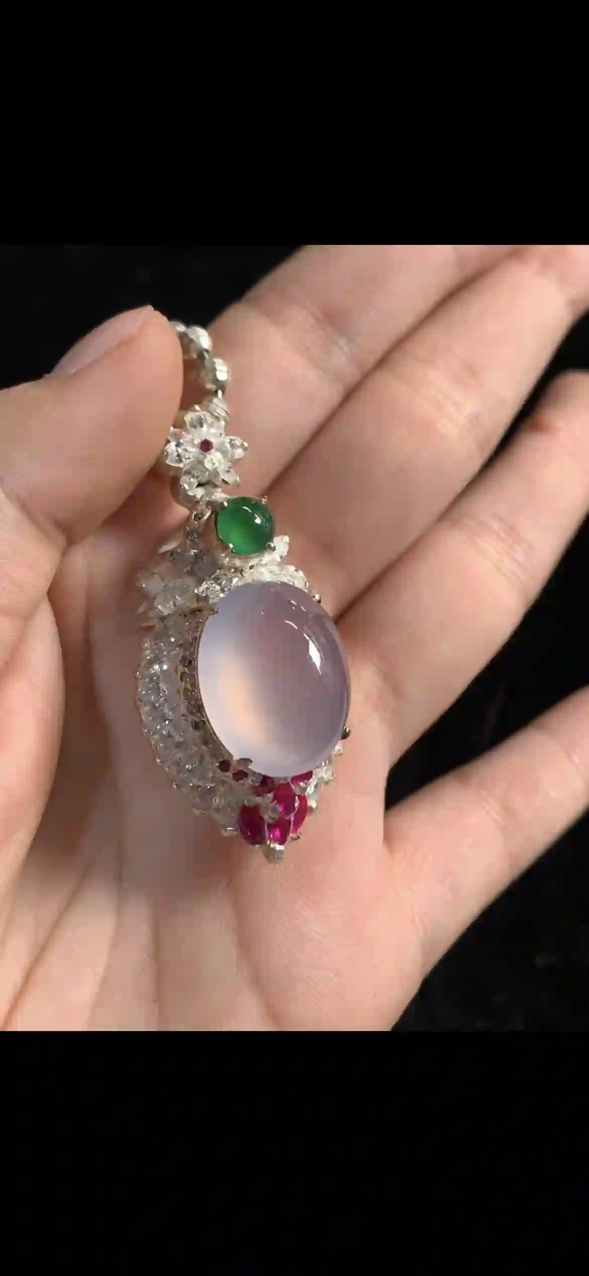 Icy Lavender & Imperial Green Jade Pendant with Diamond & Ruby Accents | Myanmar Jadeite reference #36390001