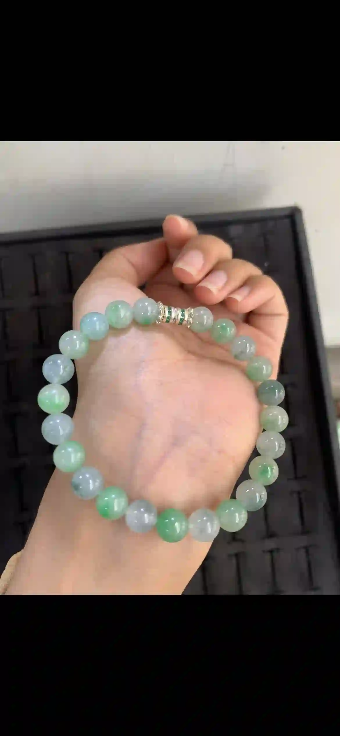 Icy Floating Flower Jade Bead Bracelet with Gemstone Accent Clasp | Myanmar Jadeite reference #17460001