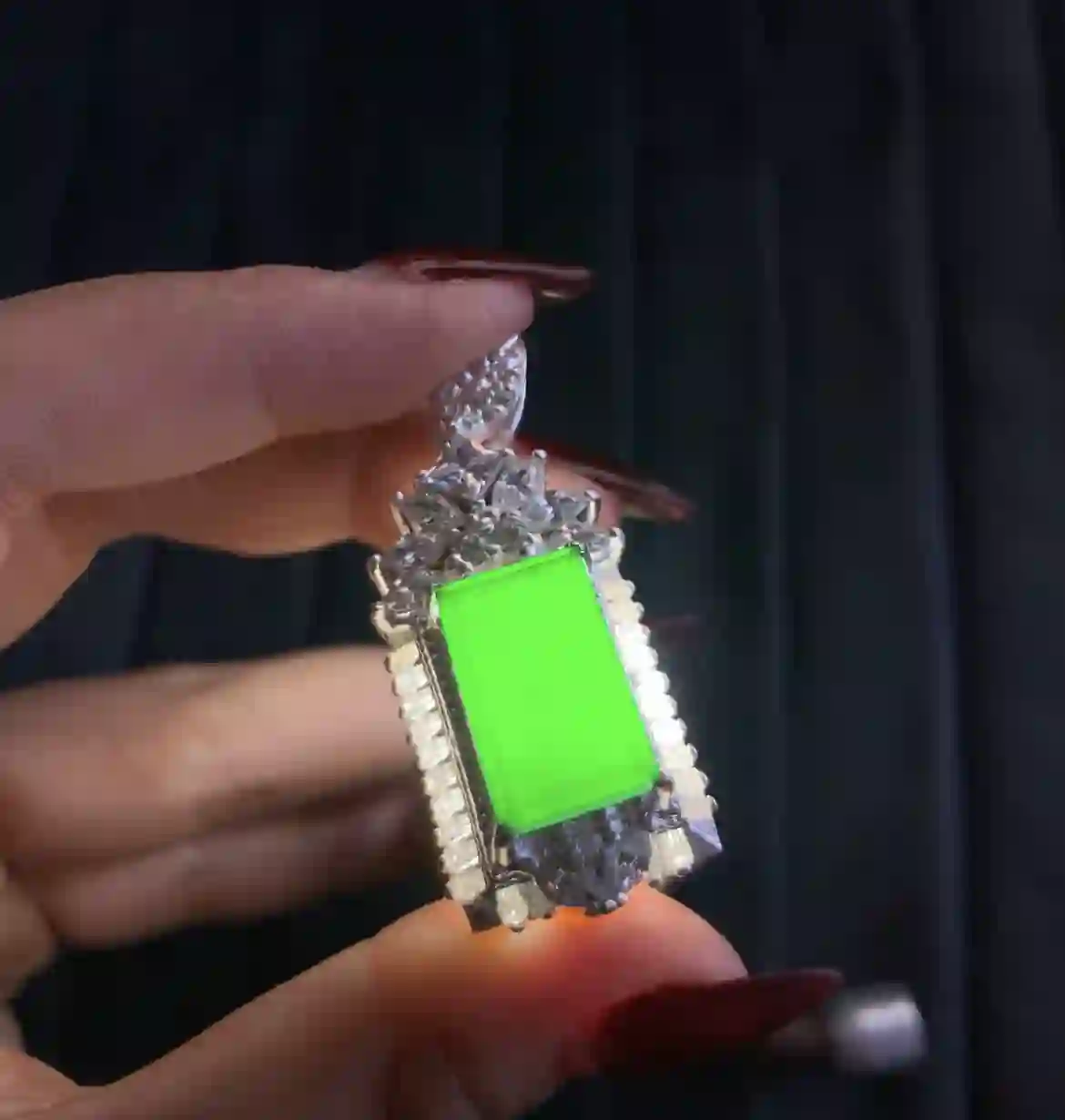 Vibrant Green Jadeite Rectangle Pendant with Sparkling Diamond Halo Setting, view 2 | Myanmar Jadeite reference #3390001