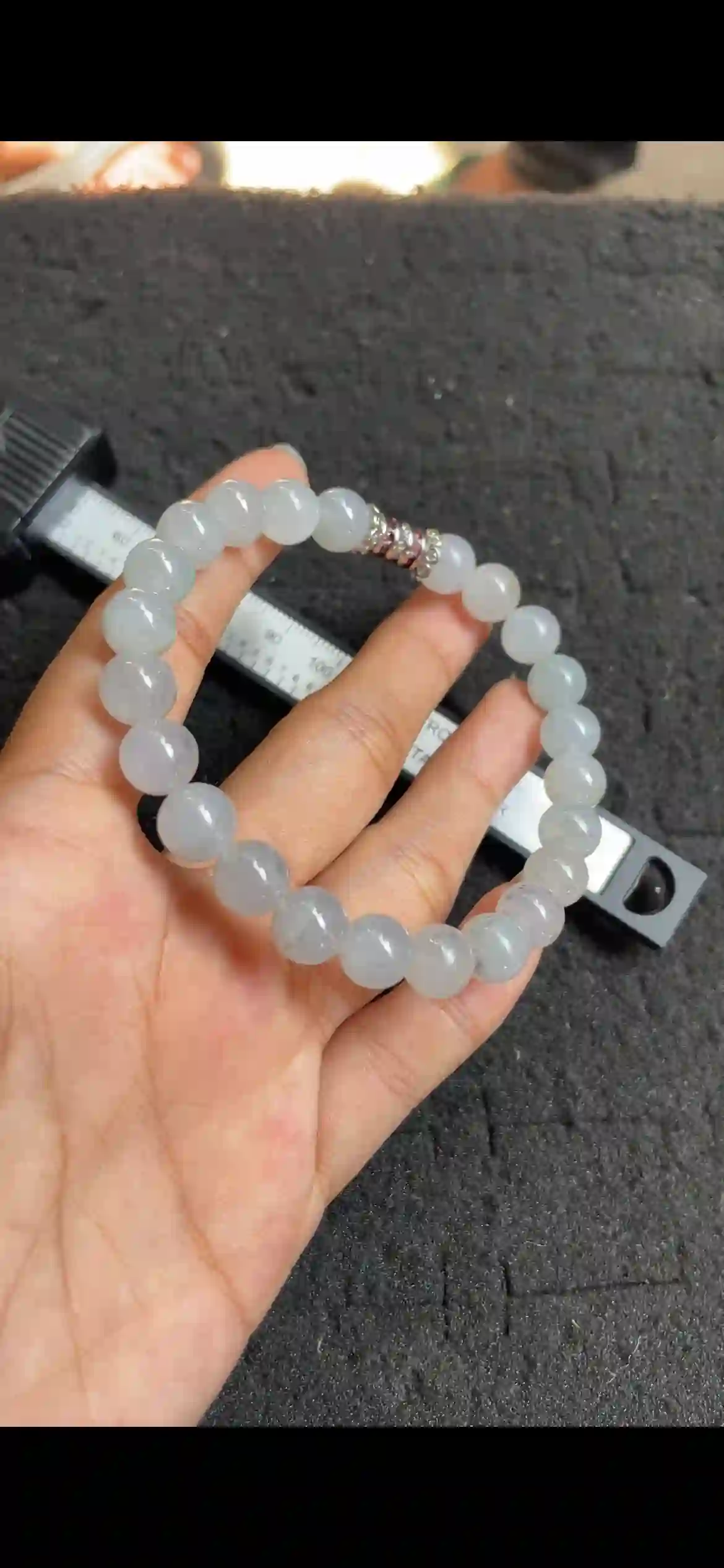  Icy White Jade Bead Bracelet, Translucent Gemstone with Inlaid Accent Bead, view 2 | Myanmar Jadeite reference #4710002