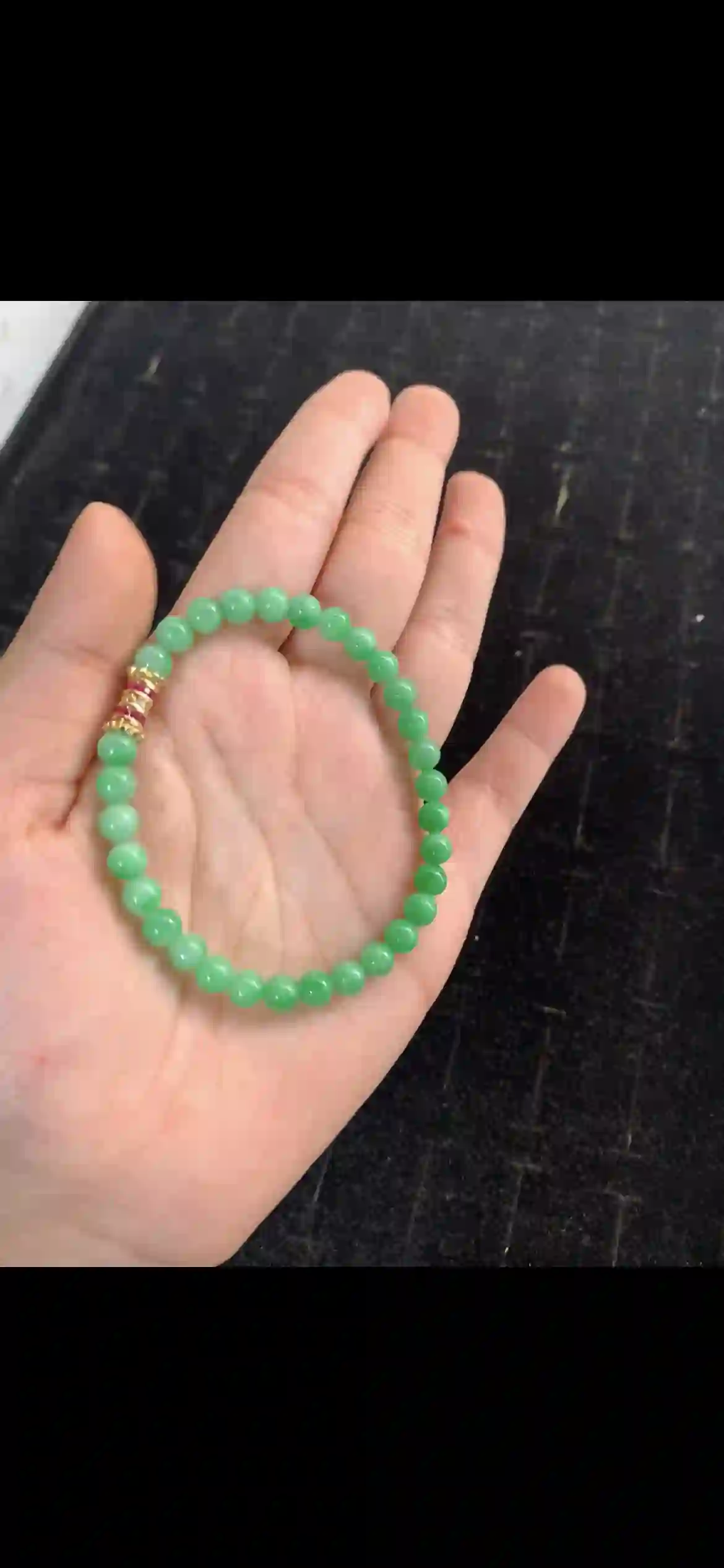 Vibrant Apple Green Jadeite Bead Bracelet with Gold & Pink Crystal Accent | Myanmar Jadeite reference #20700001
