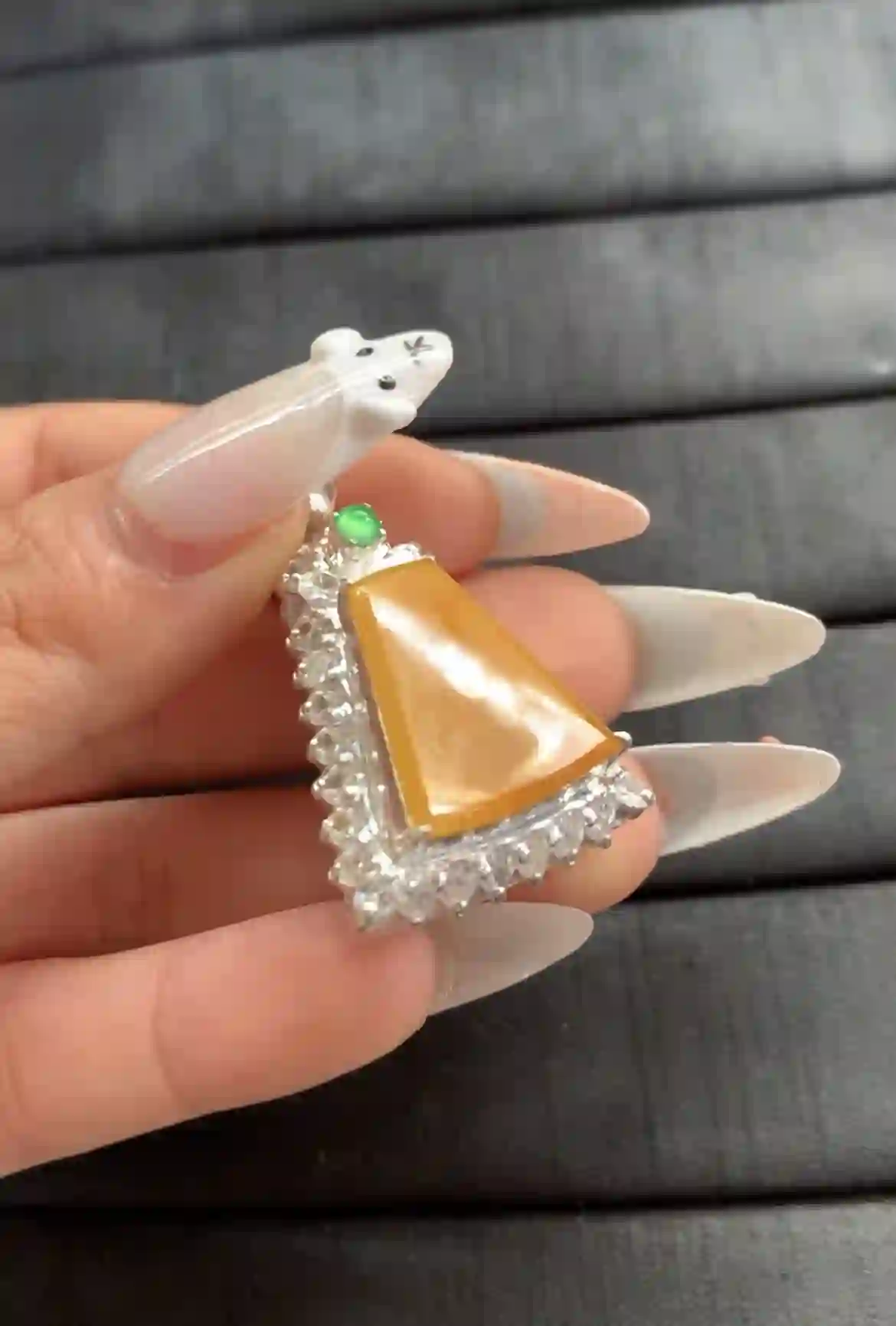 Stunning Yellow Jade Pendant with Silver-Toned Setting and Accent Stones, view 2 | Myanmar Jadeite reference #1380006