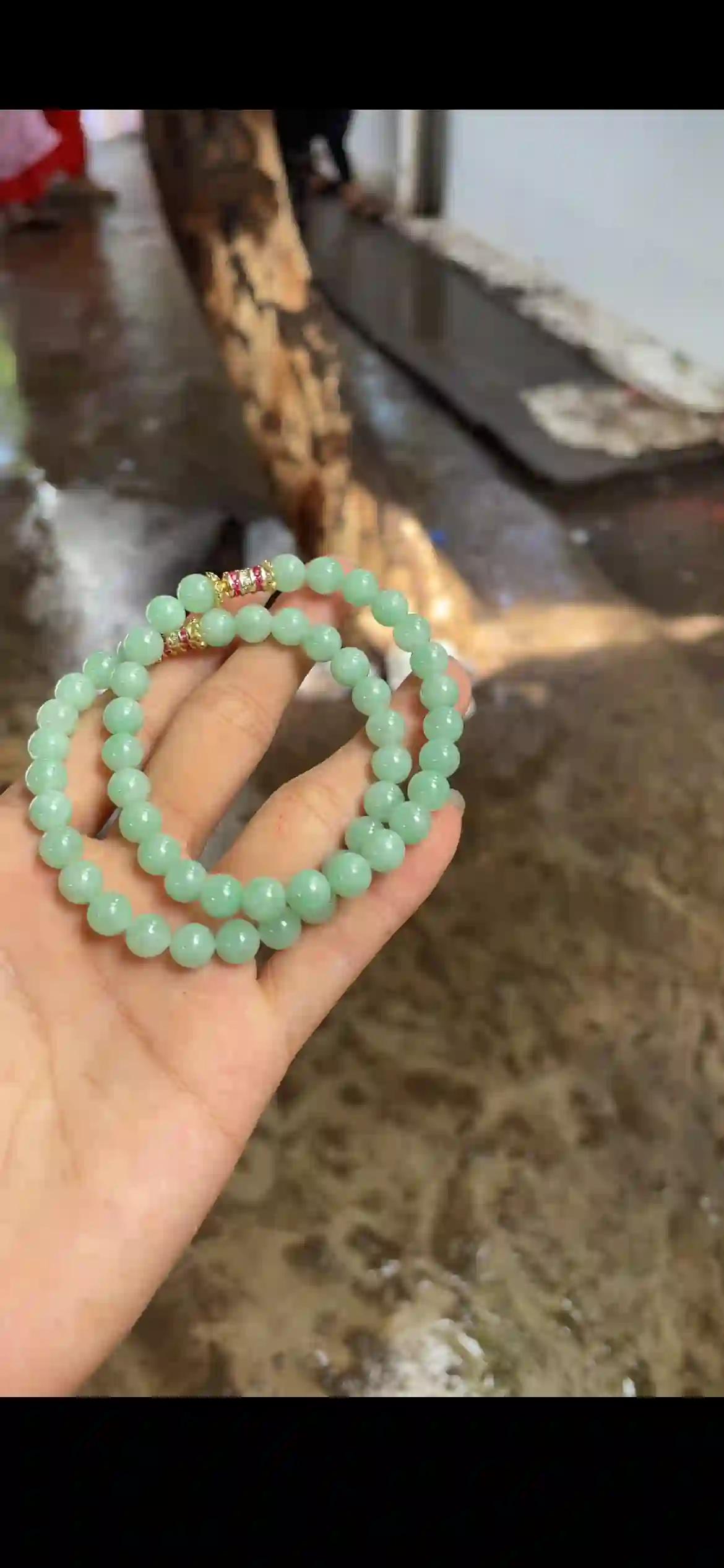 Serene Mint Green Jade Bead Bracelet — Double Strand with Gold & Pink Accent | Myanmar Jadeite reference #27900001