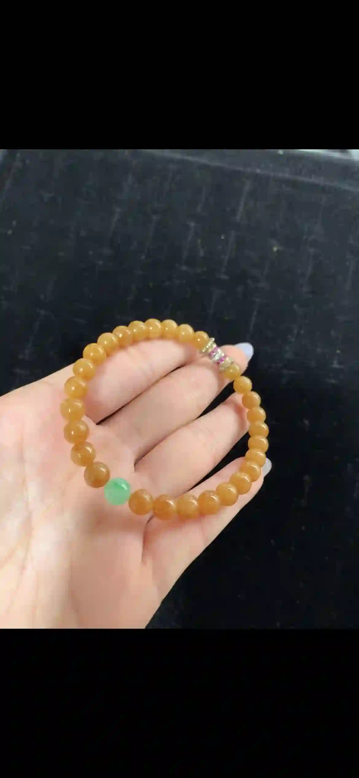 Warm Golden Amber Jade Bracelet with Accent Green Bead & Crystal Spacer | Myanmar Jadeite reference #31260001