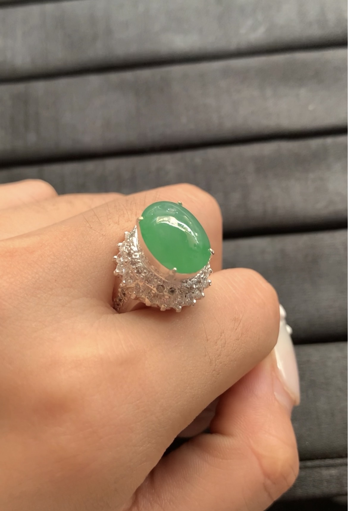 Natural Vivid Green Jade Textured Silver Ring