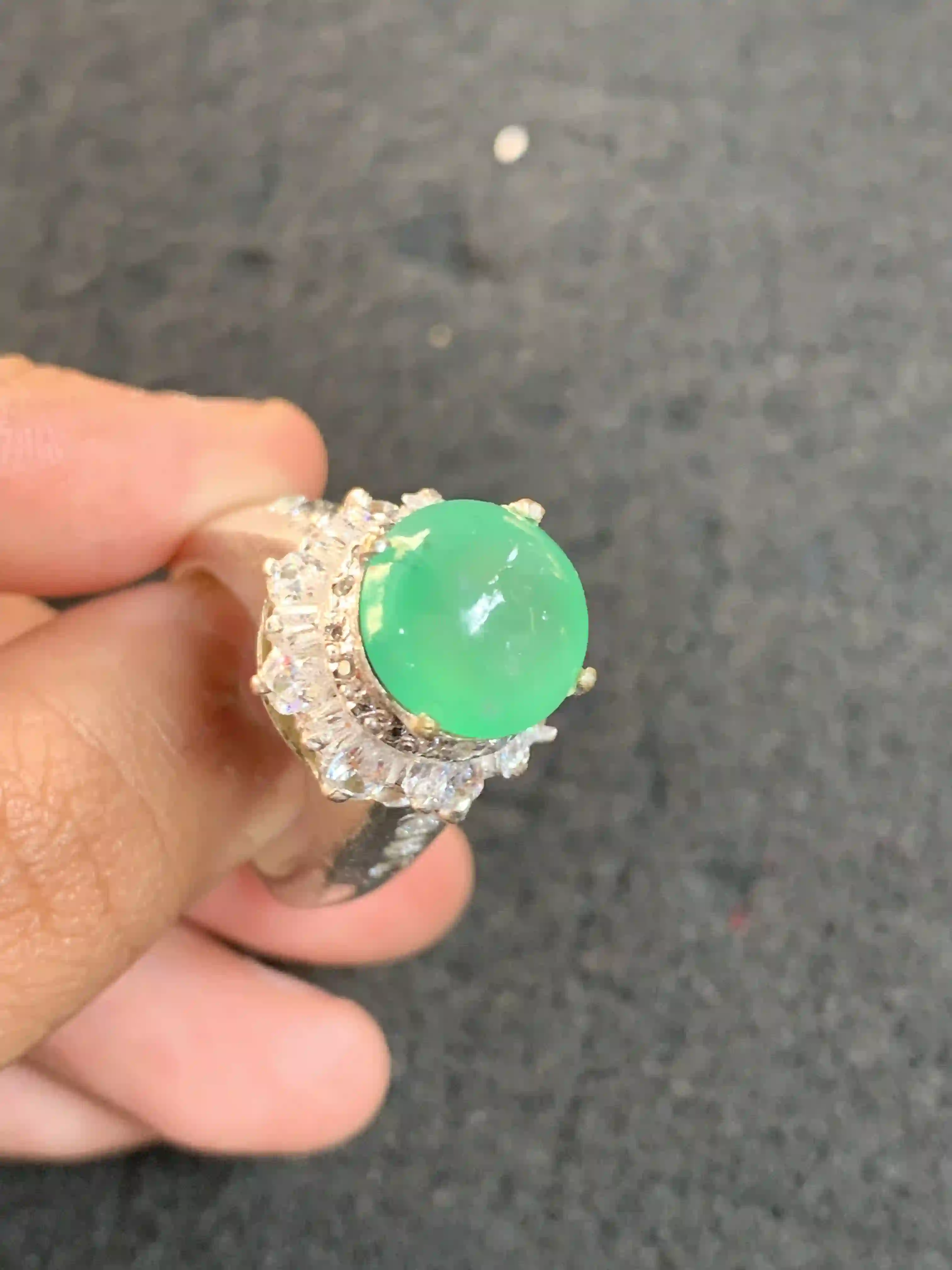Vibrant Green Jadeite Cabochon Ring with Clear Stone Halo, view 2 | Myanmar Jadeite reference #1410004