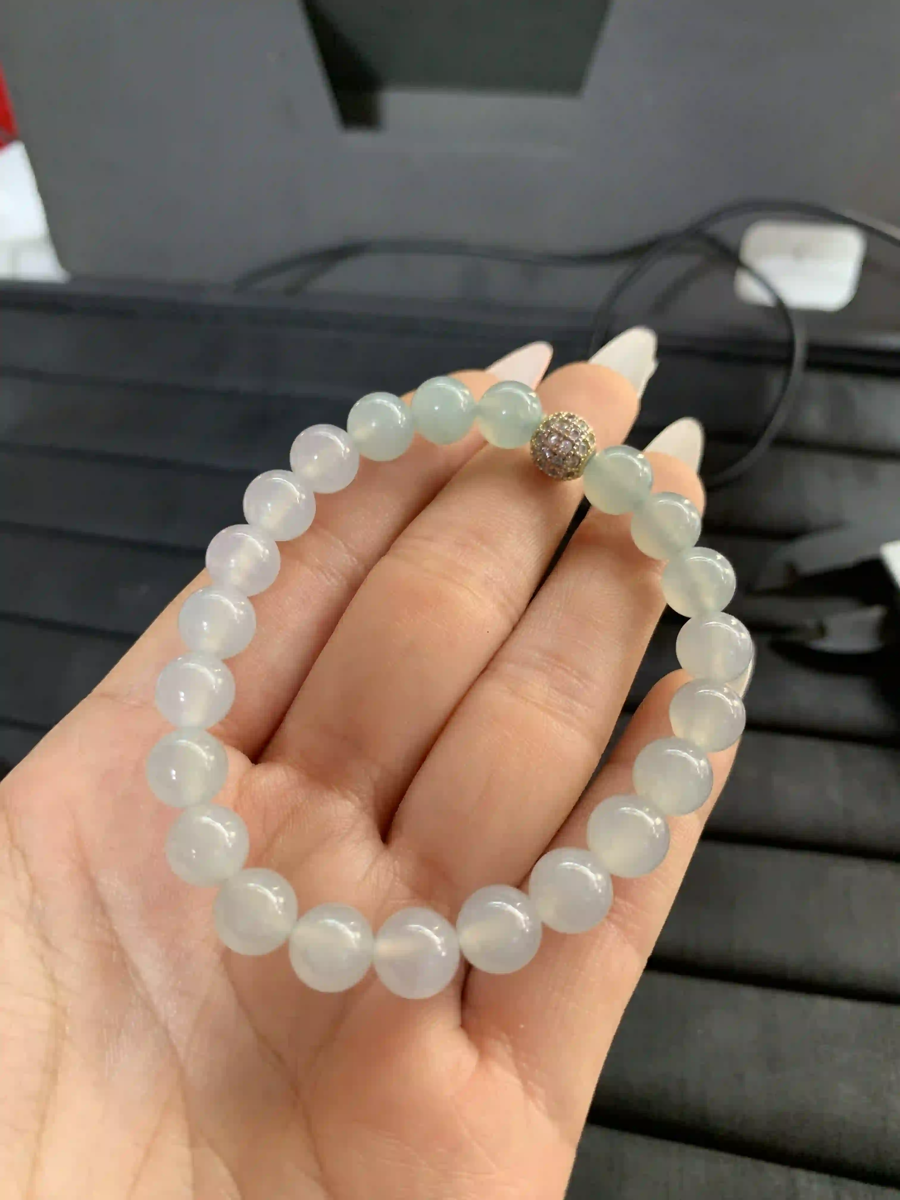 Translucent White Beaded Bracelet with Accent Bead, view 2 | Myanmar Jadeite reference #1350009