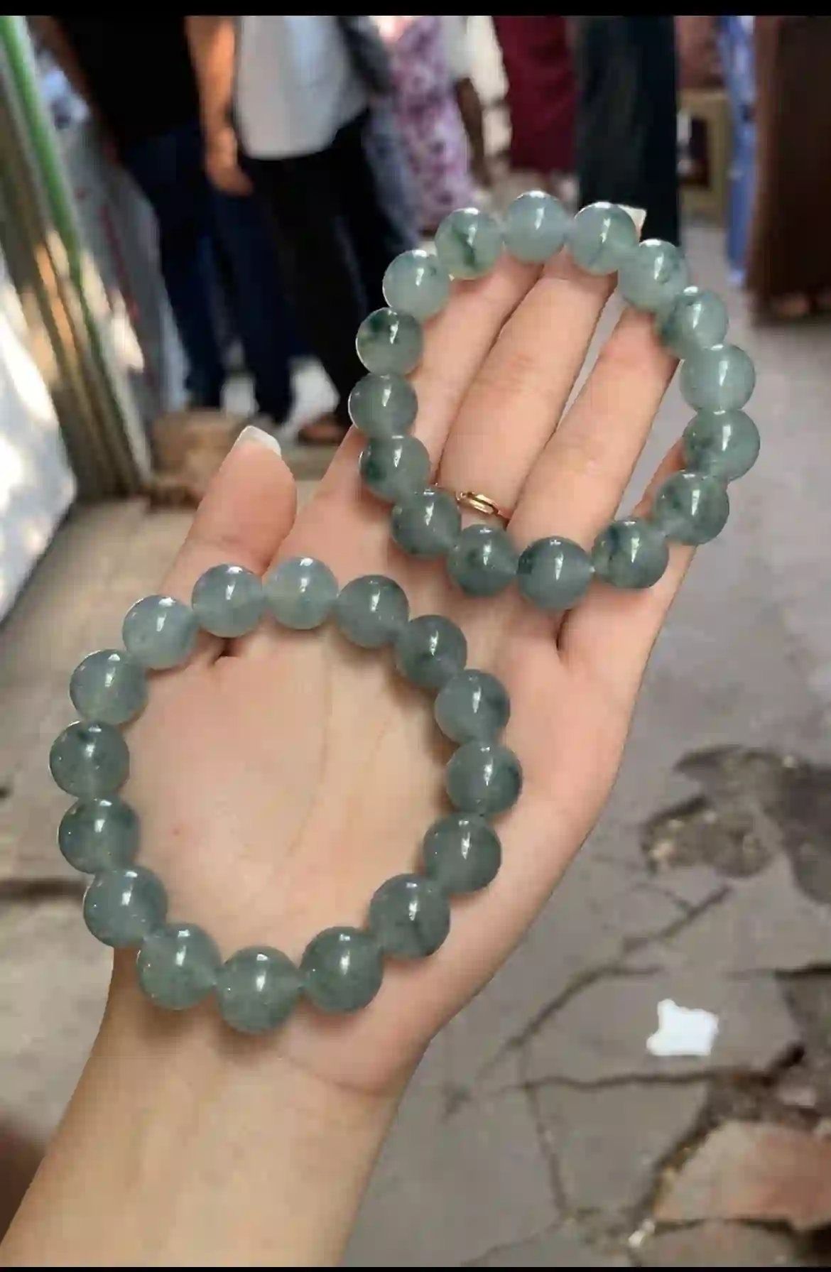 Dark Green Translucent Jade Beaded Bracelets with Natural Cloud Inclusions - Set of Two, view 2 | Myanmar Jadeite reference #510006