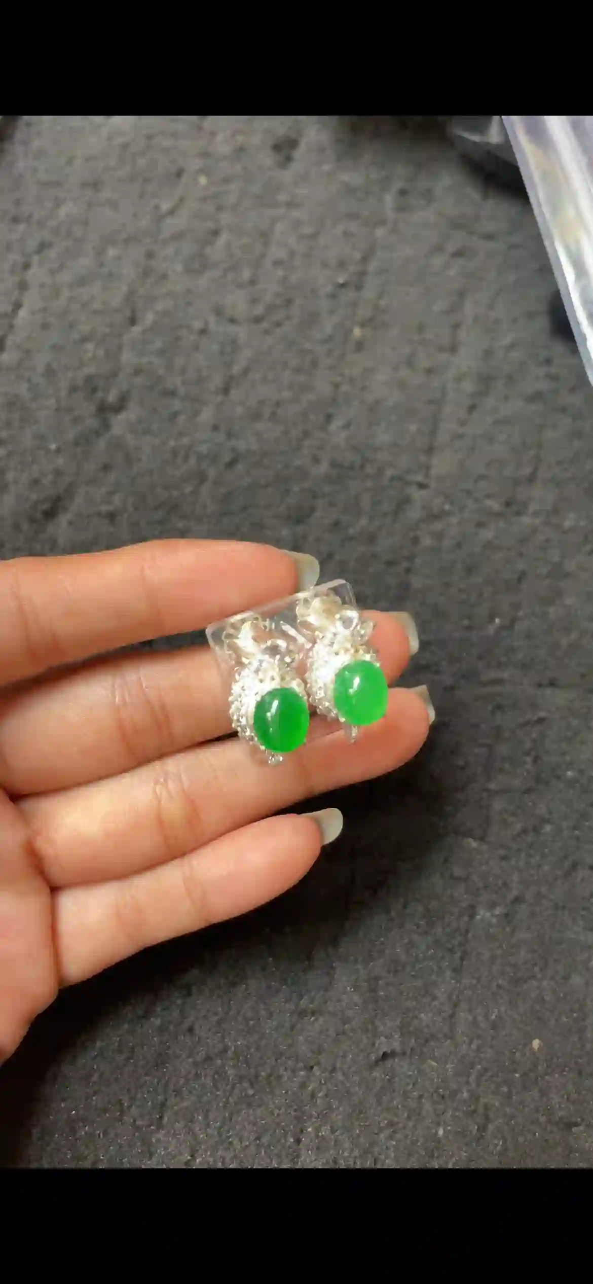  Vibrant Imperial Green Jadeite Drop Earrings with Diamond Halo, view 2 | Myanmar Jadeite reference #6840005