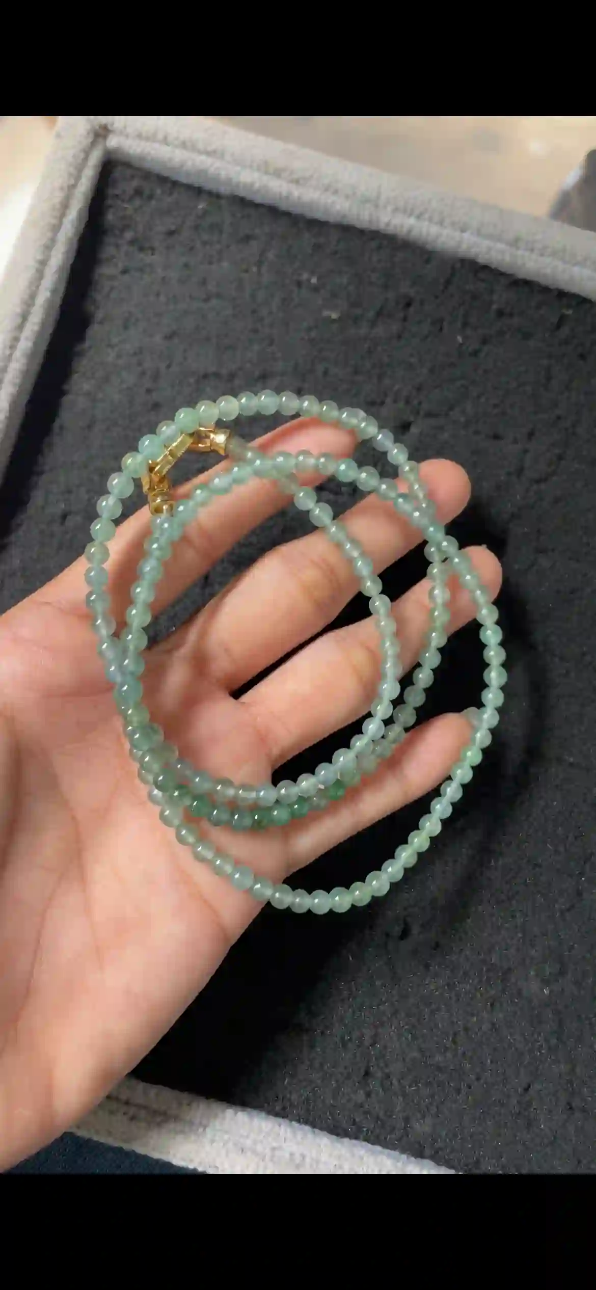 Natural Icy Light Green Jadeite Bead Necklace with Gold Clasp | Myanmar Jadeite reference #6690002