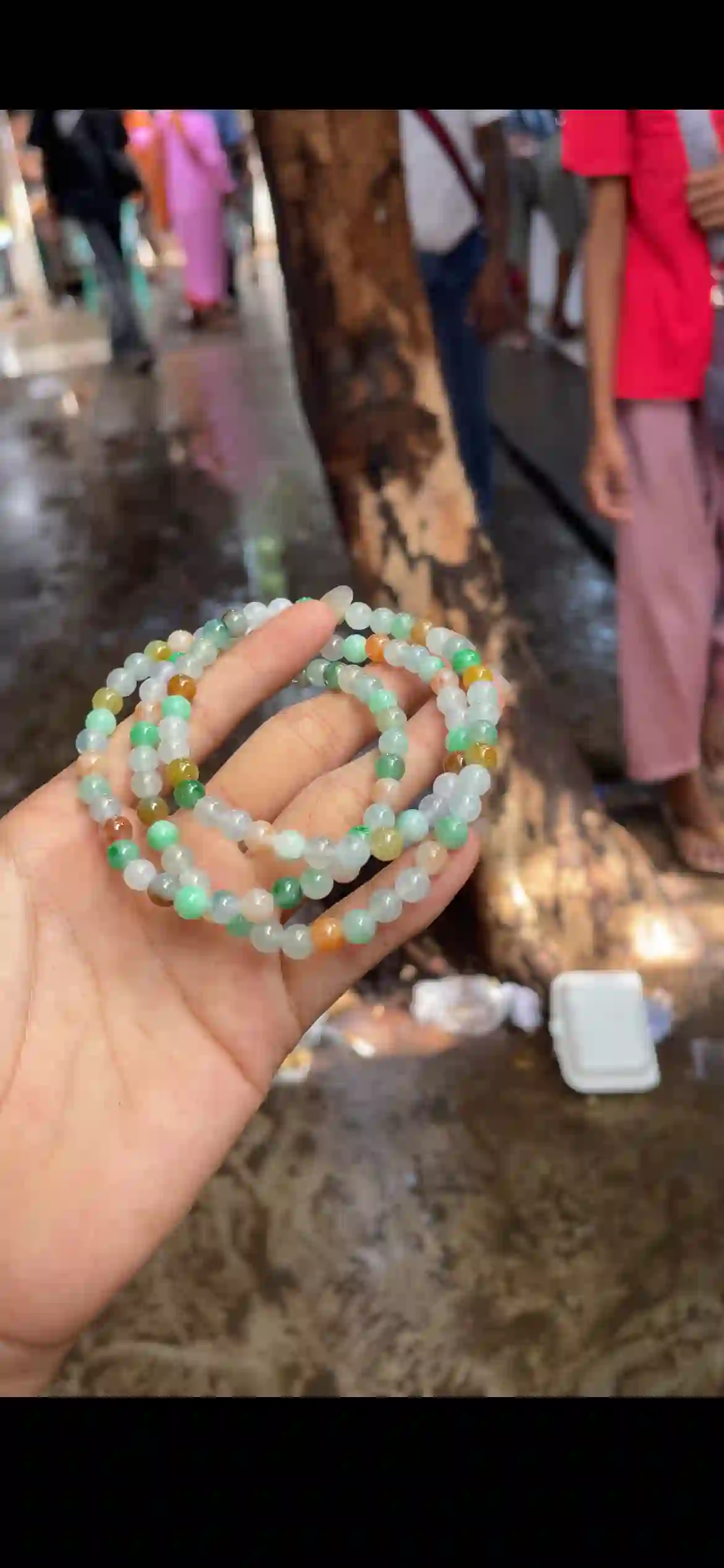 Multicolor Rainbow Jade Bead Bracelet — Three Strands | Myanmar Jadeite reference #27990001