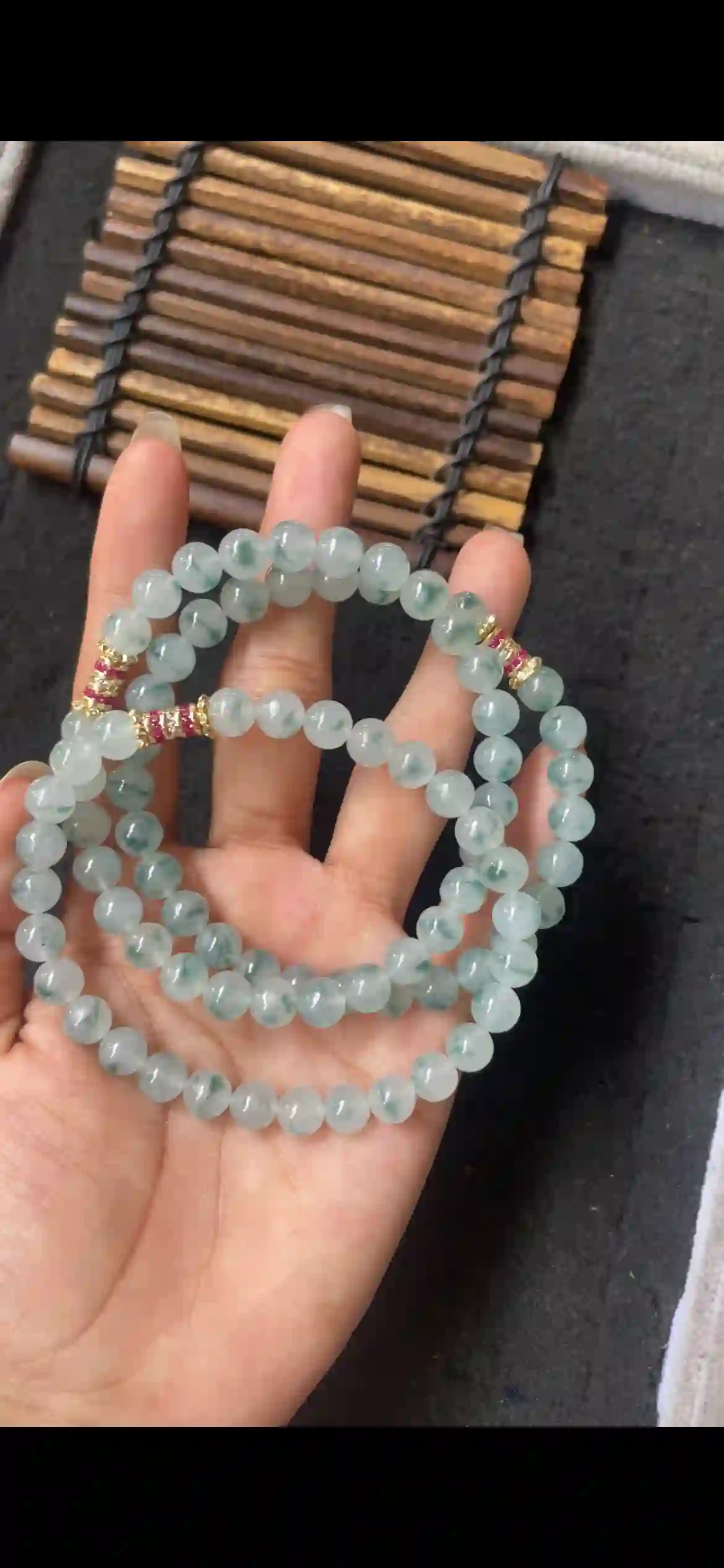  Natural Icy Floating Flower Jadeite Bead Necklace with Gold Accents | Myanmar Jadeite reference #6720001