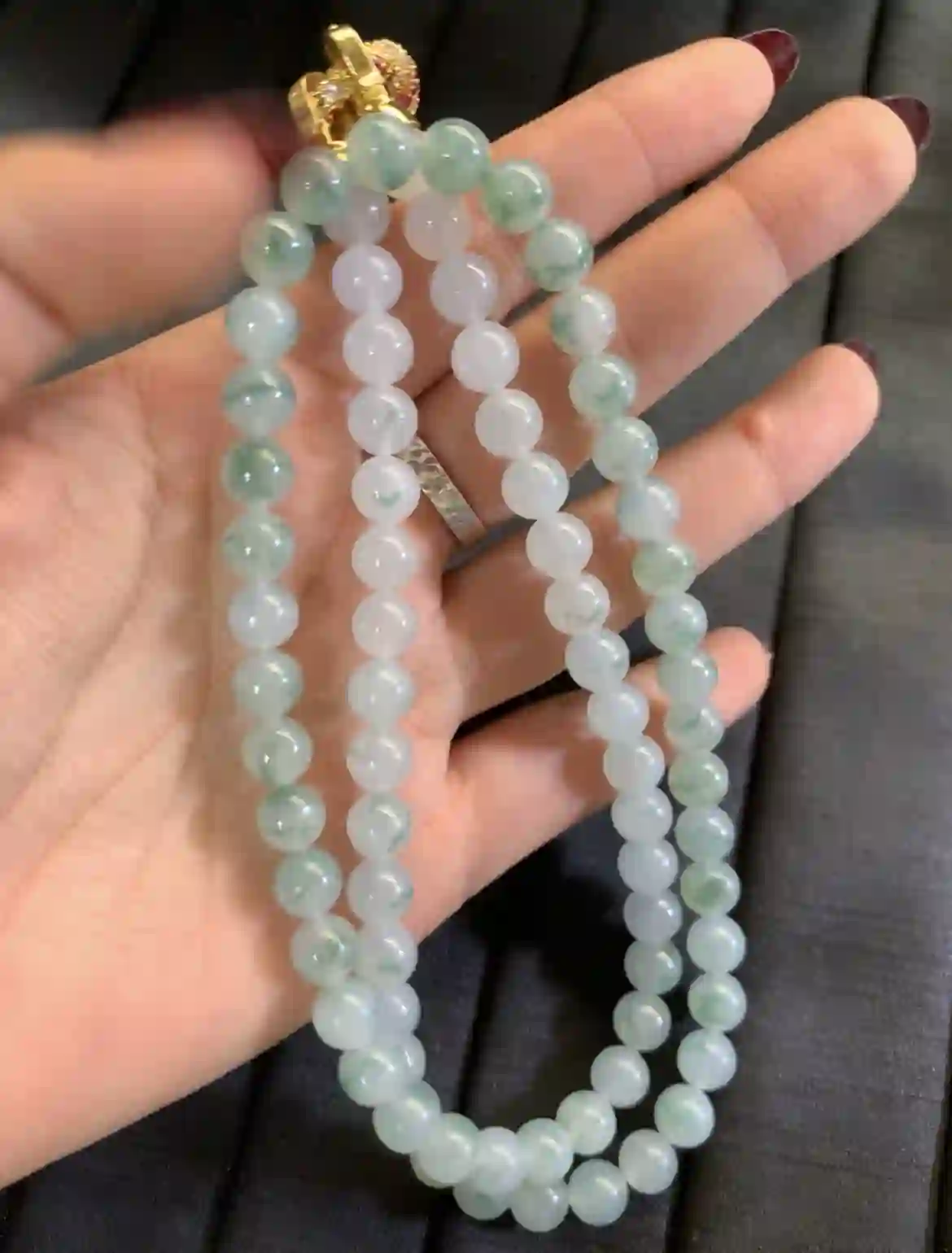 Icy White Floating Flower Jadeite Long Beaded Necklace with Gold Plated Clasp, view 2 | Myanmar Jadeite reference #3840001