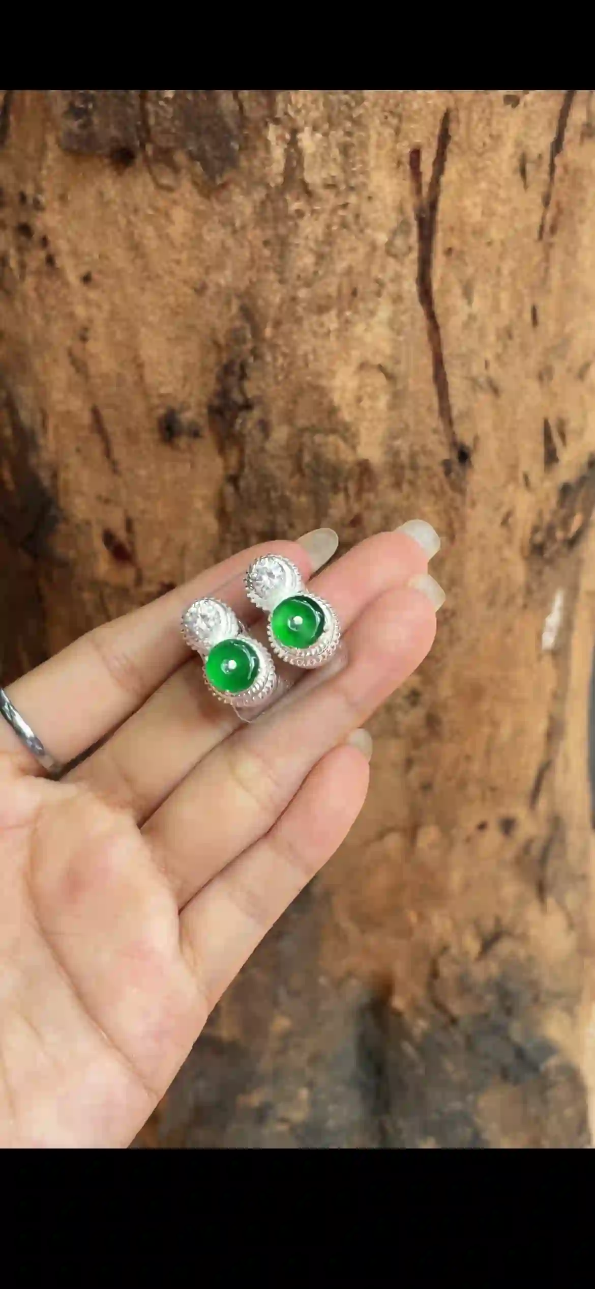 Vibrant Green Jade & Diamond Accent Sterling Silver Stud Earrings | Myanmar Jadeite reference #29340001