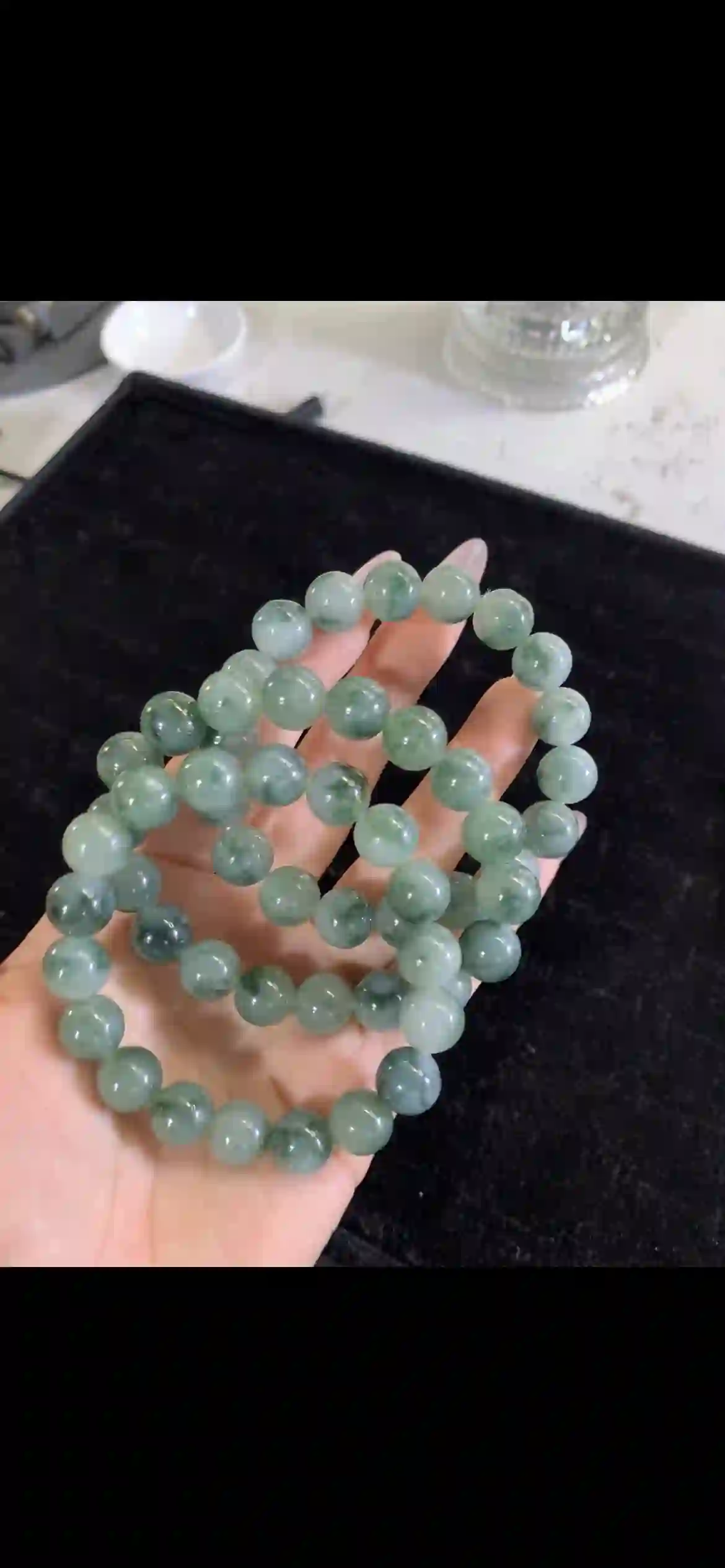 Icy Floating Green Jade Bead Bracelet Set — Three Strands, view 2 | Myanmar Jadeite reference #27660001
