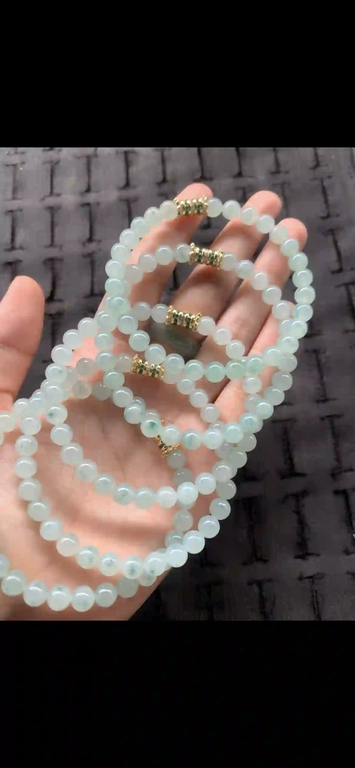 Icy Pale Green Jade Bead Strand with Ornate Gold Accents | Myanmar Jadeite reference #25980001