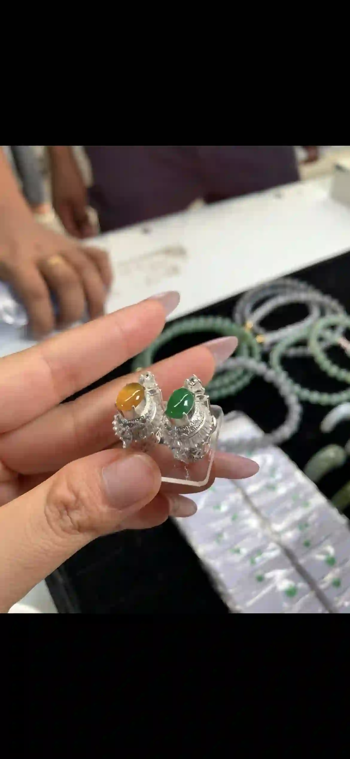 Pair of Green & Honey Yellow Jadeite Cabochon Rings | Myanmar Jadeite reference #12300001