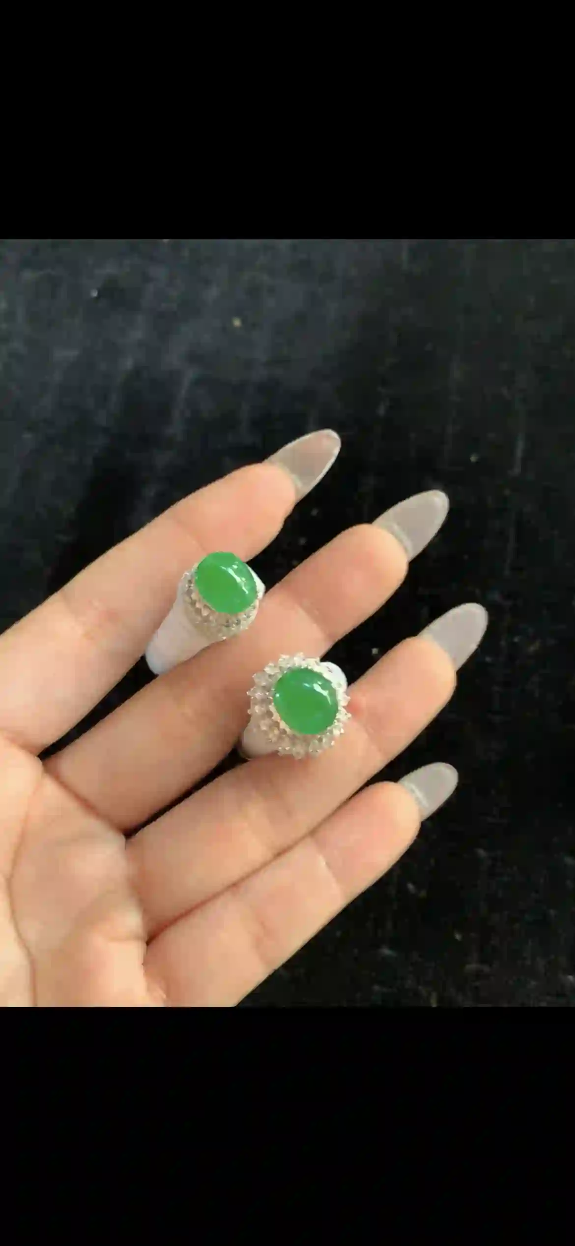 Pair of Vivid Imperial Green Jade Cocktail Rings | Myanmar Jadeite reference #32190001