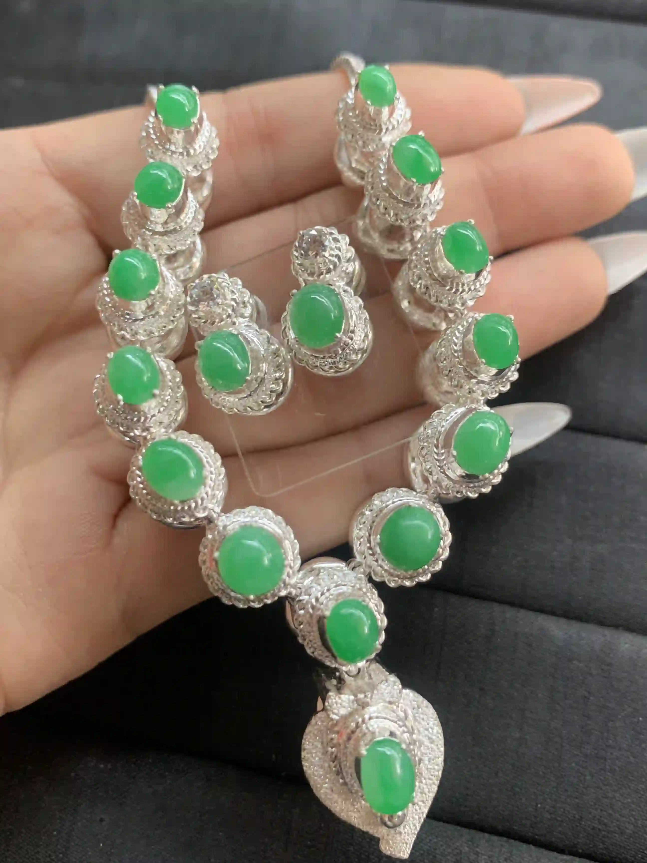 Green Gemstone Necklace with Silver-Toned Filigree Setting, view 2 | Myanmar Jadeite reference #1440001