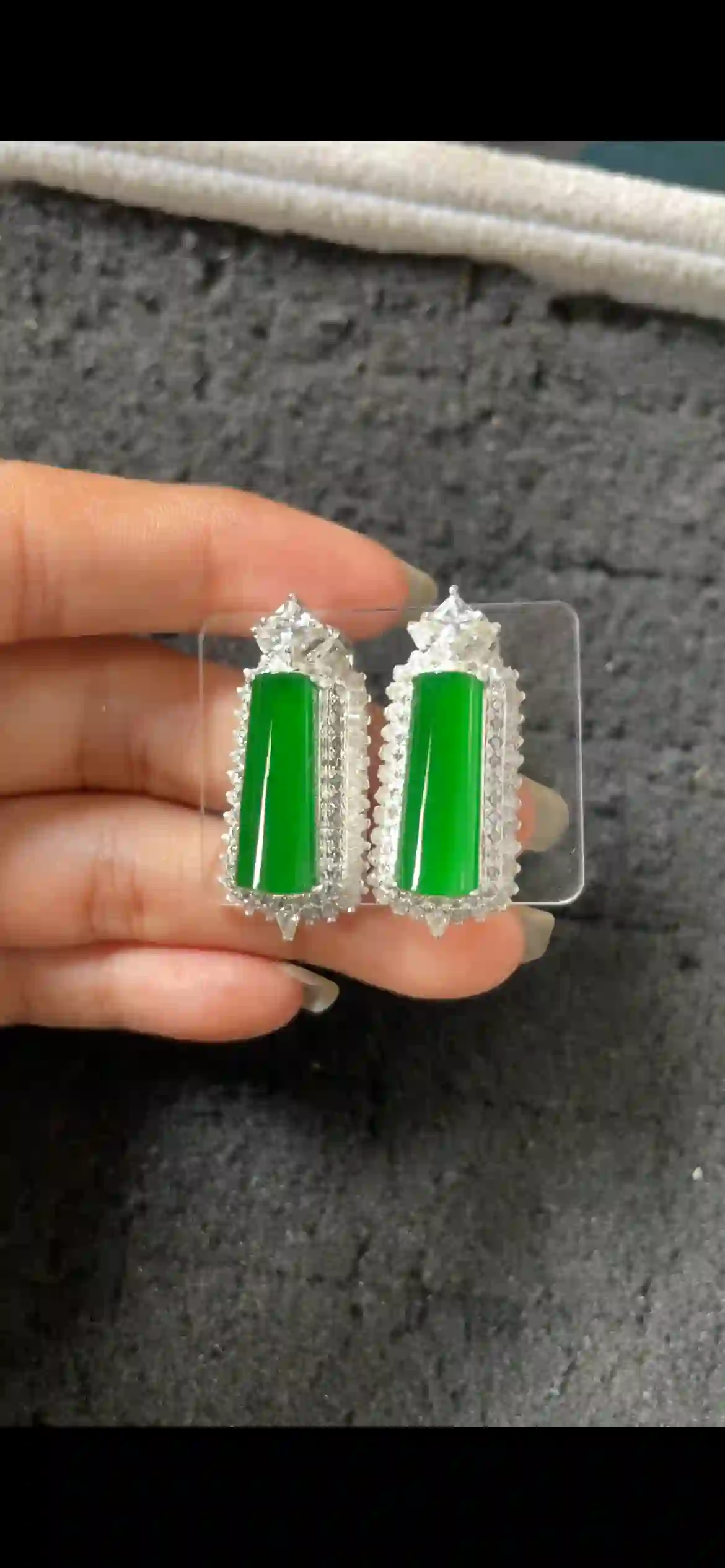 Vibrant Imperial Green Jadeite Rectangle Drop Earrings with Diamond Halo, view 2 | Myanmar Jadeite reference #6690008