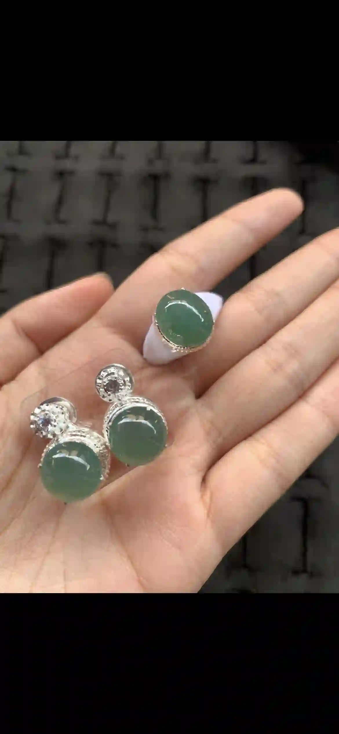 Icy Blue-Green Jadeite Cabochon Ring & Stud Earrings Jewelry Set | Myanmar Jadeite reference #10650001