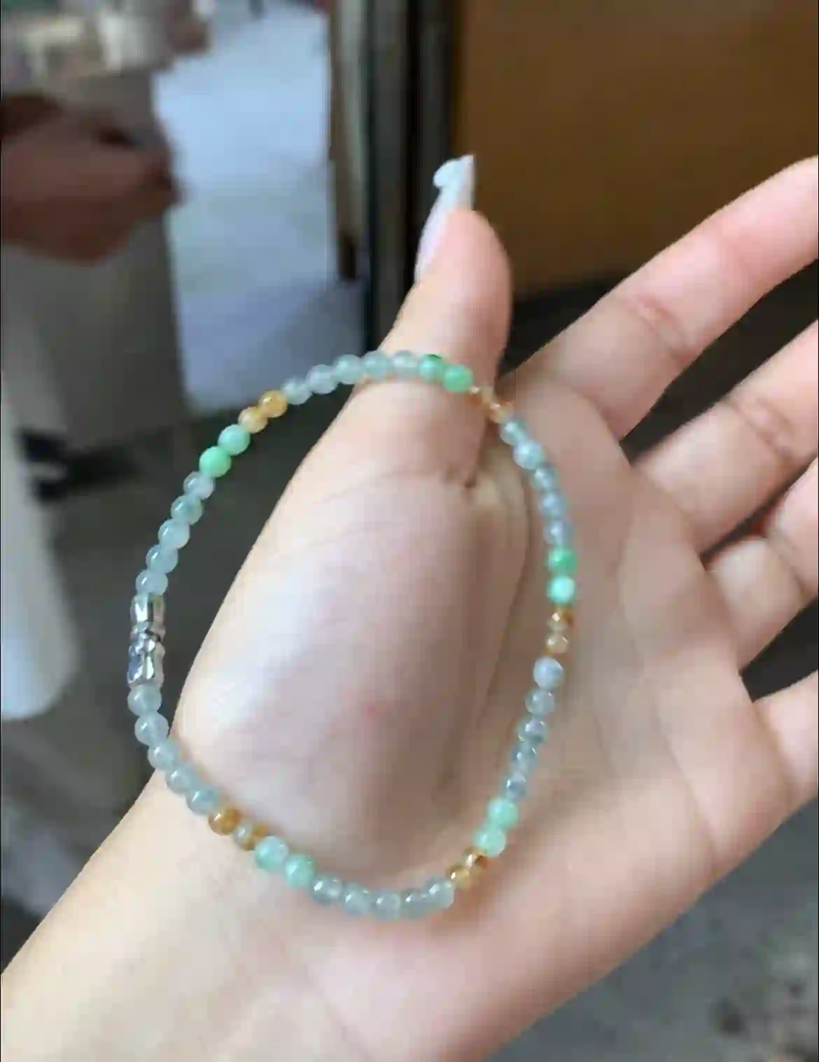  Dainty Multi-Hued Jadeite Beaded Bracelet with Silver-Toned Clasp, view 2 | Myanmar Jadeite reference #990004