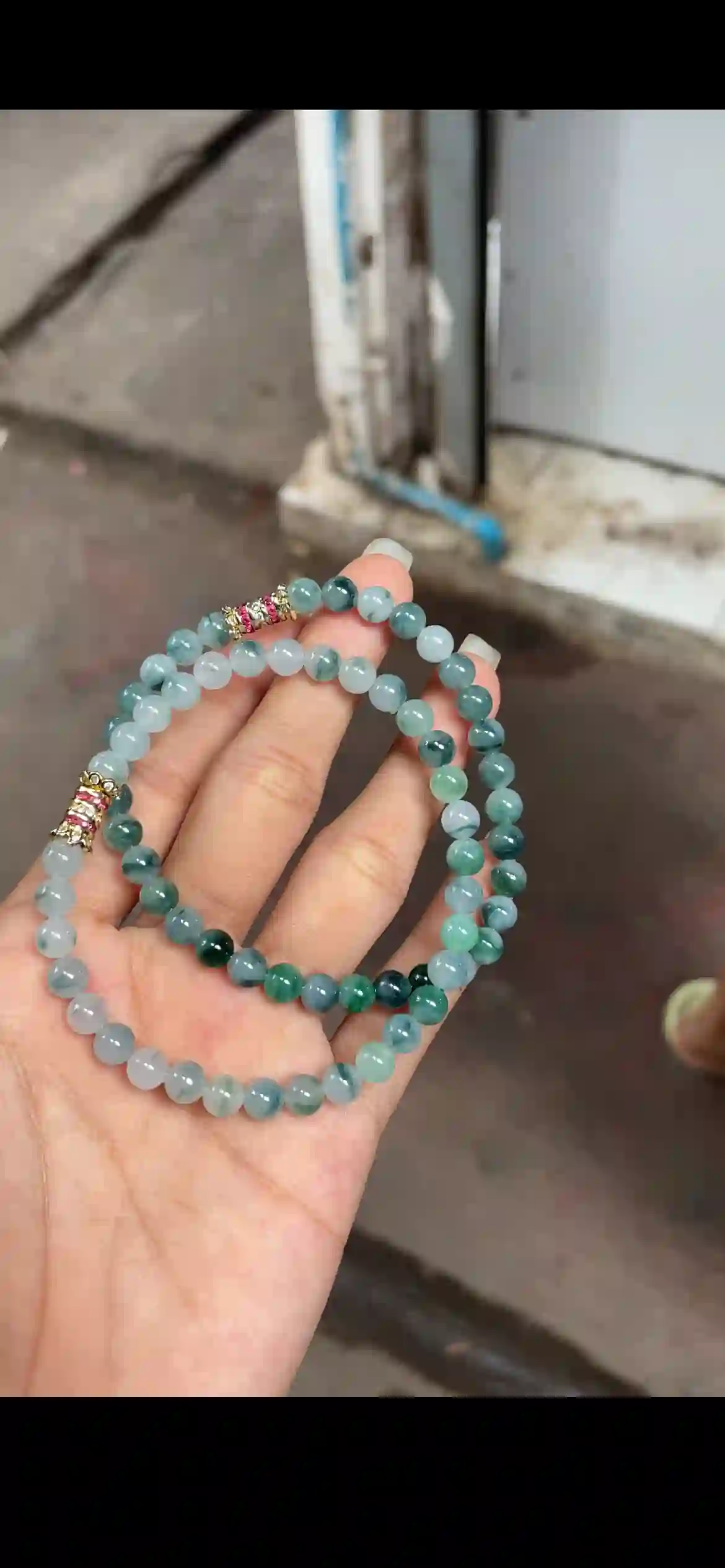 Double-Strand Icy Smoky Teal Jade Bead Bracelet with Gemstone Accent Clasps, view 2 | Myanmar Jadeite reference #17850001