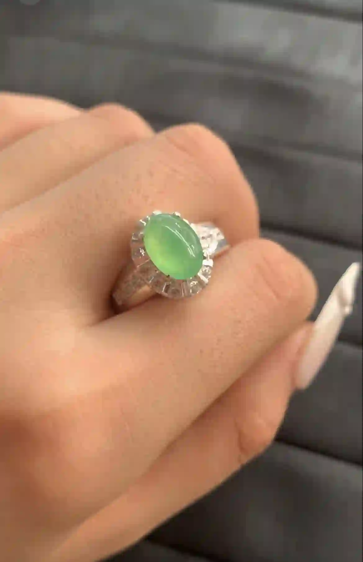 : Translucent Green Oval Gemstone Ring with Silver-Toned Setting, view 2 | Myanmar Jadeite reference #1440004