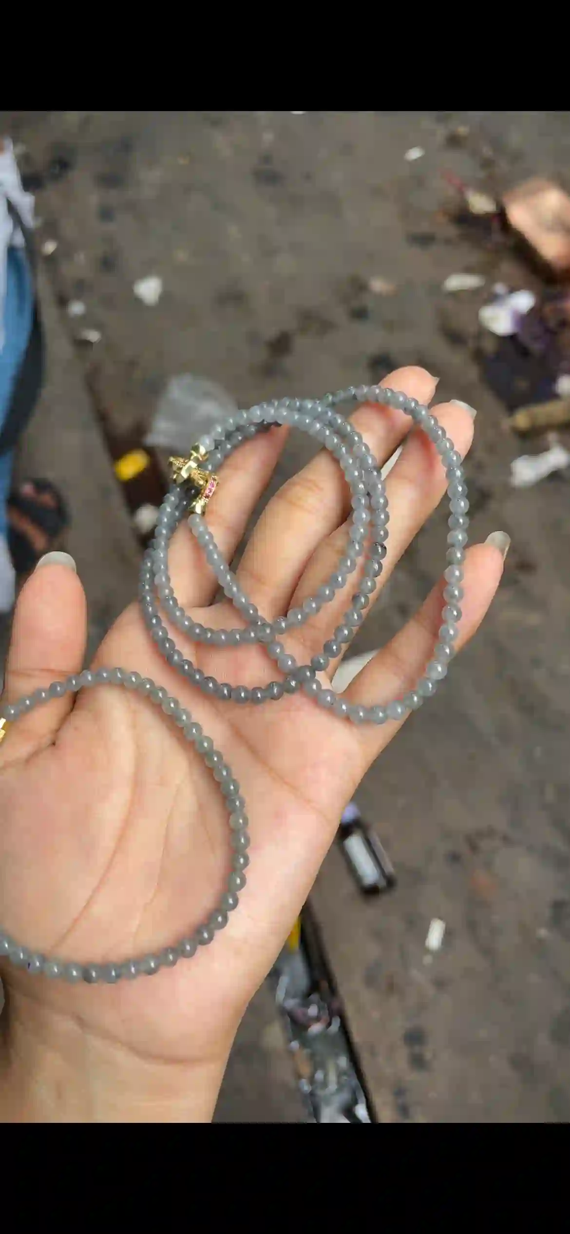 Icy Translucent Grey Jade Bead Necklace, Fine Round Beaded Chain with Gold Clasp | Myanmar Jadeite reference #5250001