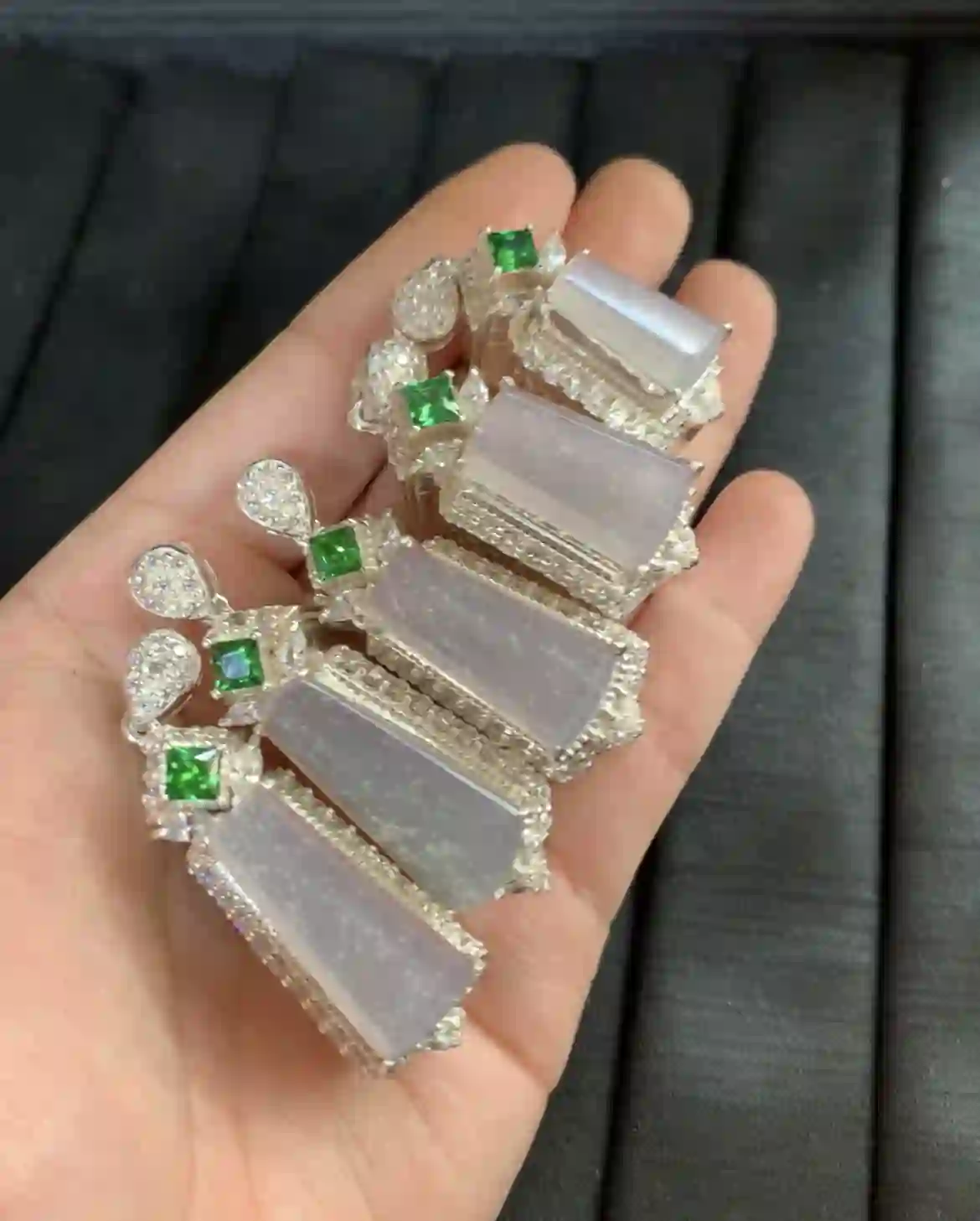 Natural Icy Lavender Jade Pendant Set with Green Gem Accents, view 2 | Myanmar Jadeite reference #2610001
