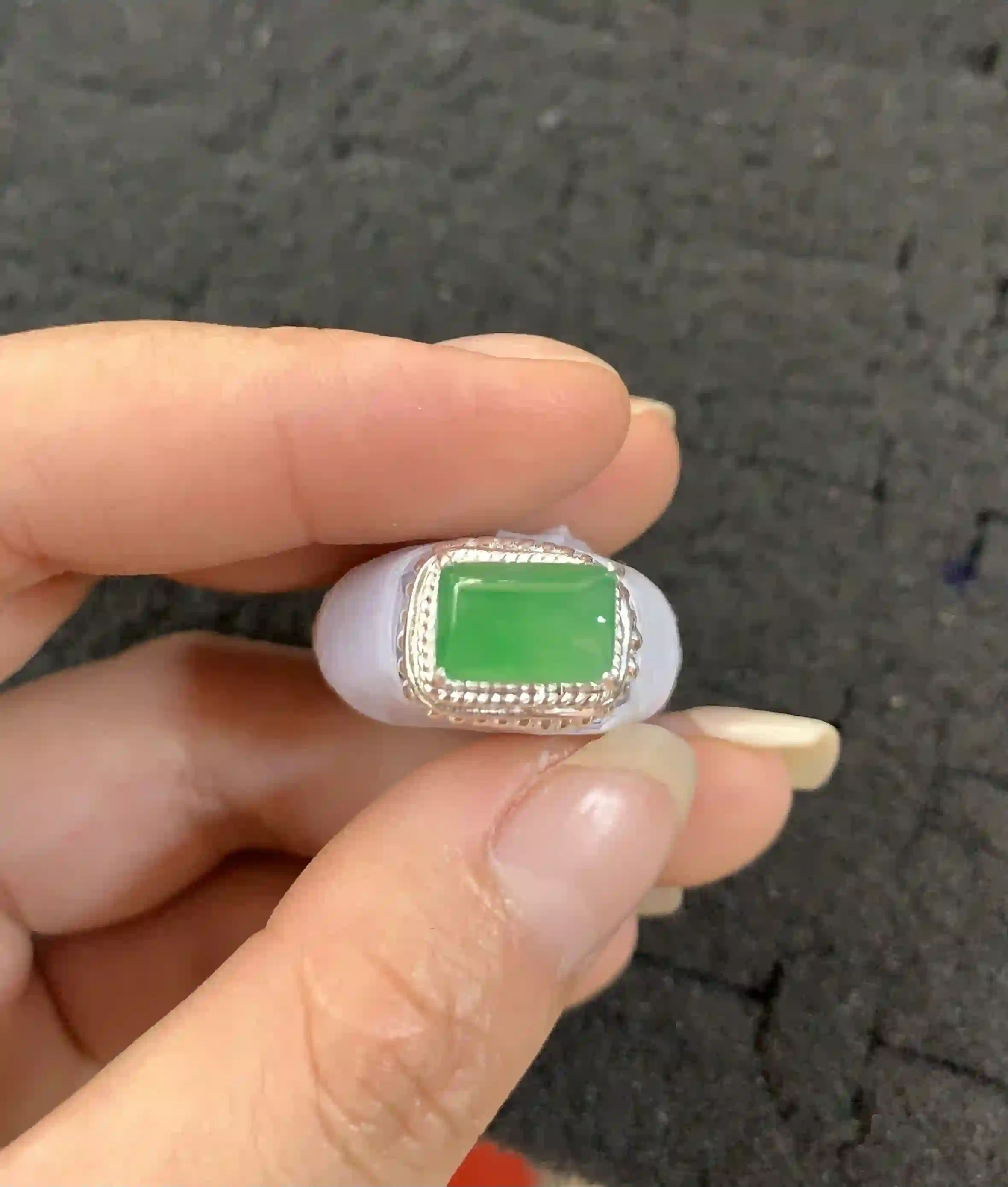 Green Jadeite Rectangular Cabochon Ring with White Band, view 2 | Myanmar Jadeite reference #240005