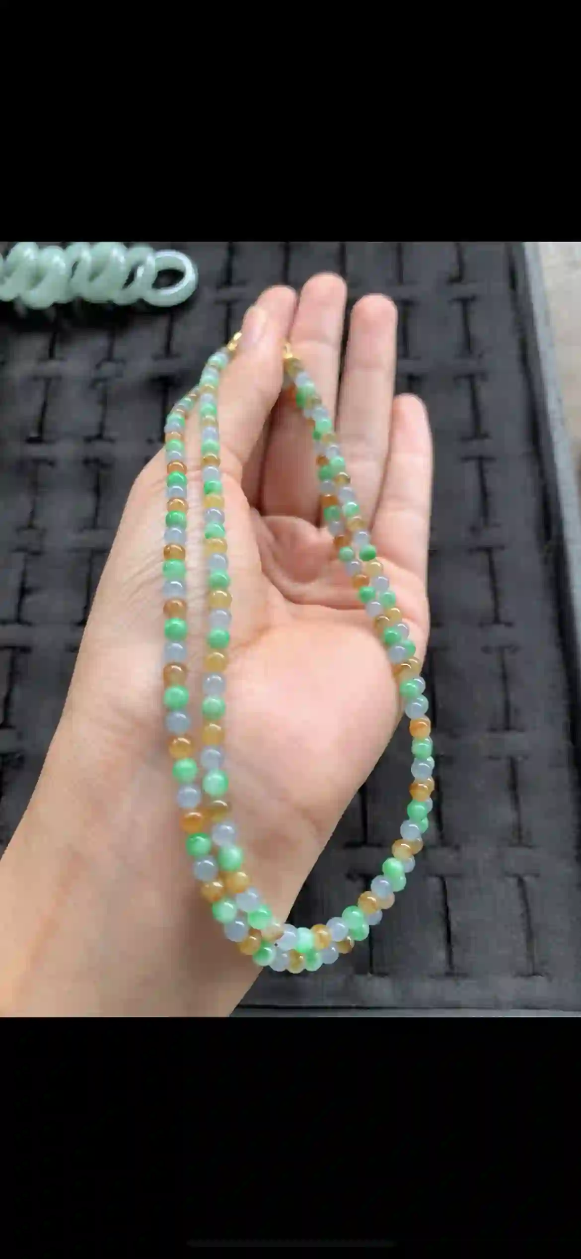 Tri-Color Gradient Jade Bead Necklace — White, Green & Honey Amber with Gold Clasp, view 2 | Myanmar Jadeite reference #21810001