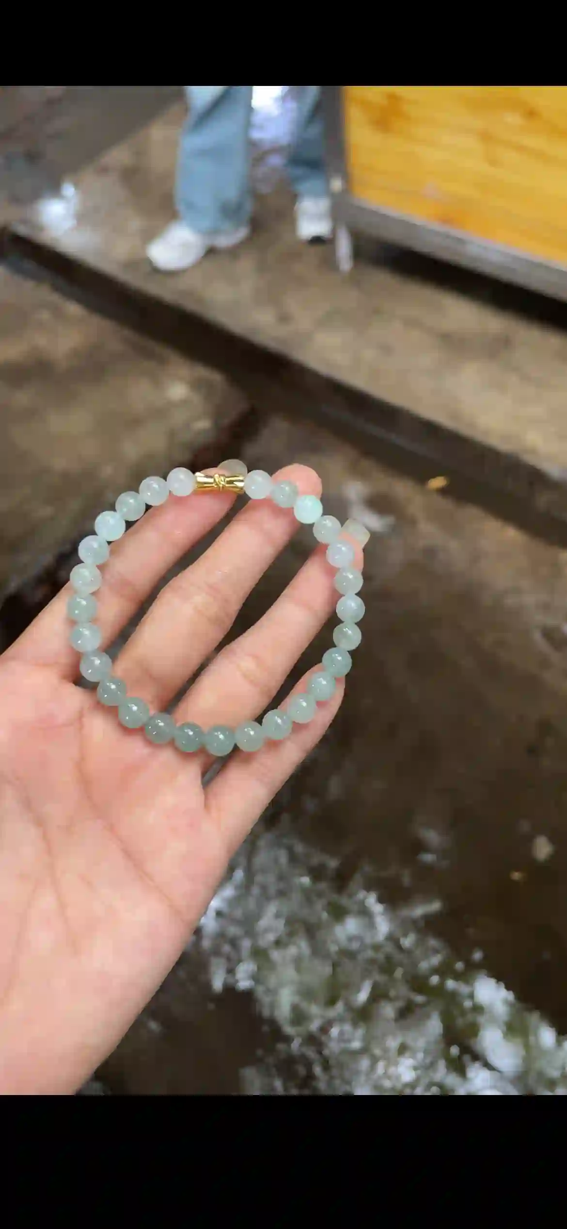 Gradient Icy Pale Green Jade Bead Bracelet with Gold Barrel Clasp | Myanmar Jadeite reference #19830001