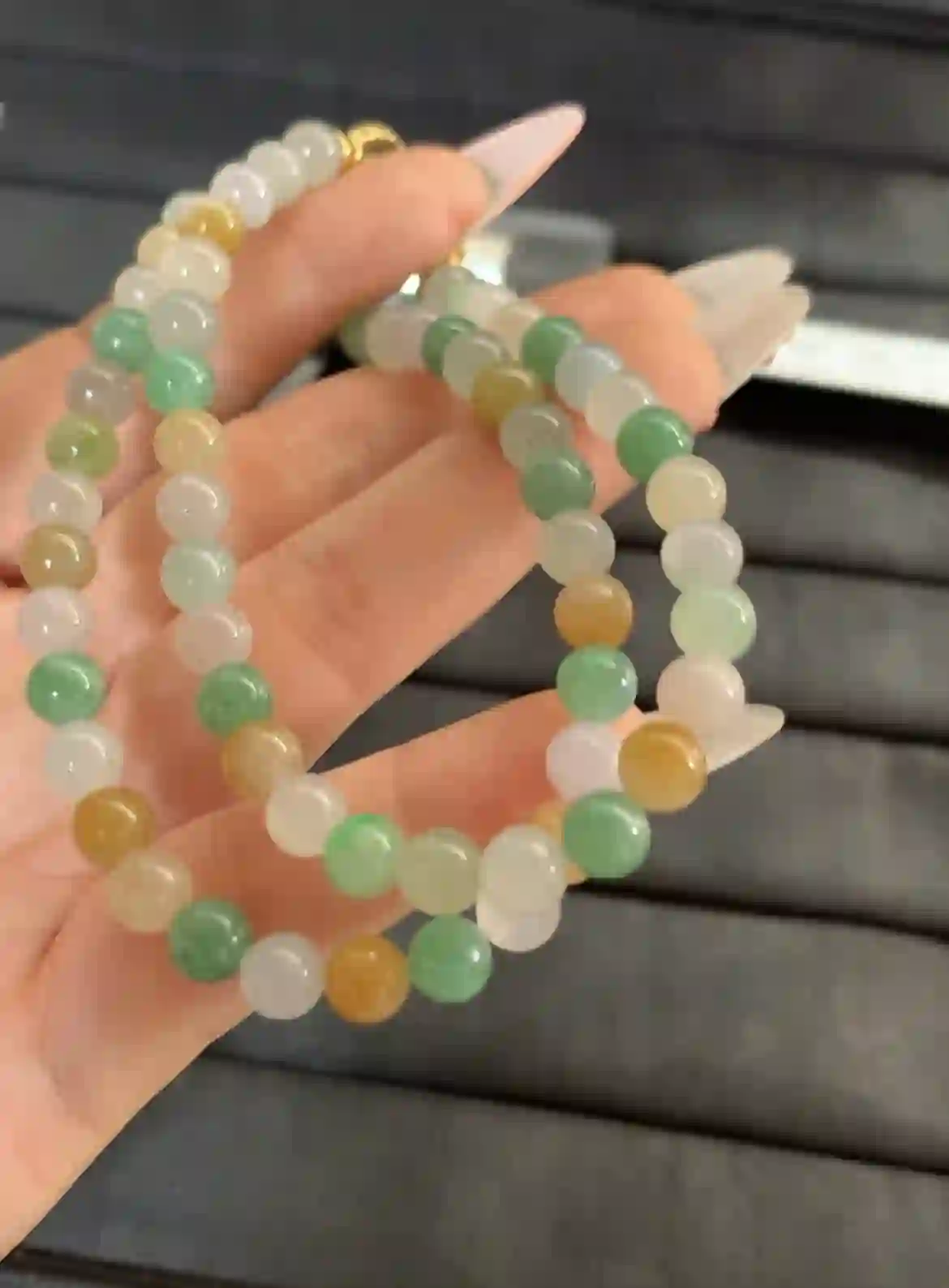 Colorful Multi-hue Jadeite Beaded Long Necklace with Gold-tone Clasp | Myanmar Jadeite reference #1230011