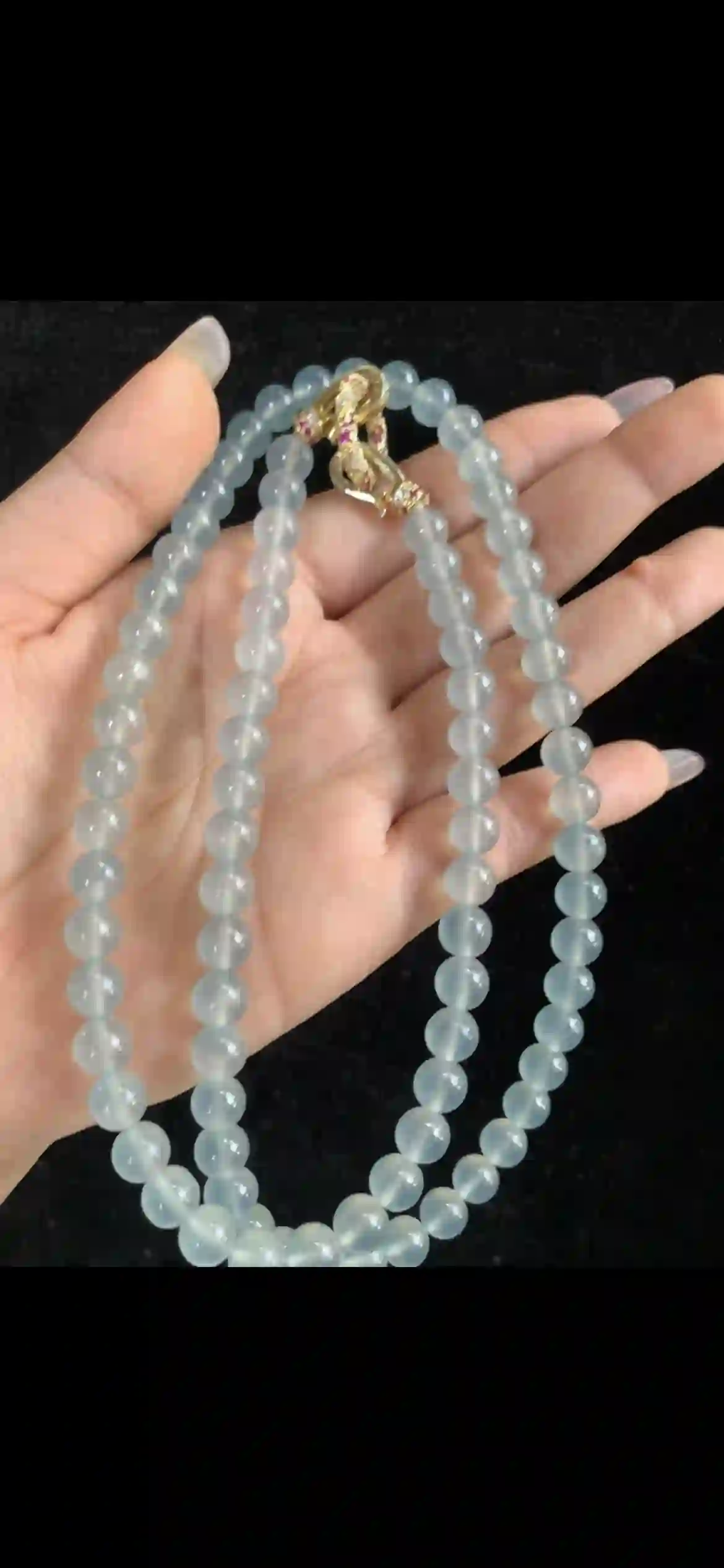 Icy Sky-Blue Jade Double-Strand Necklace with Gold & Ruby Clasp, view 2 | Myanmar Jadeite reference #32820001