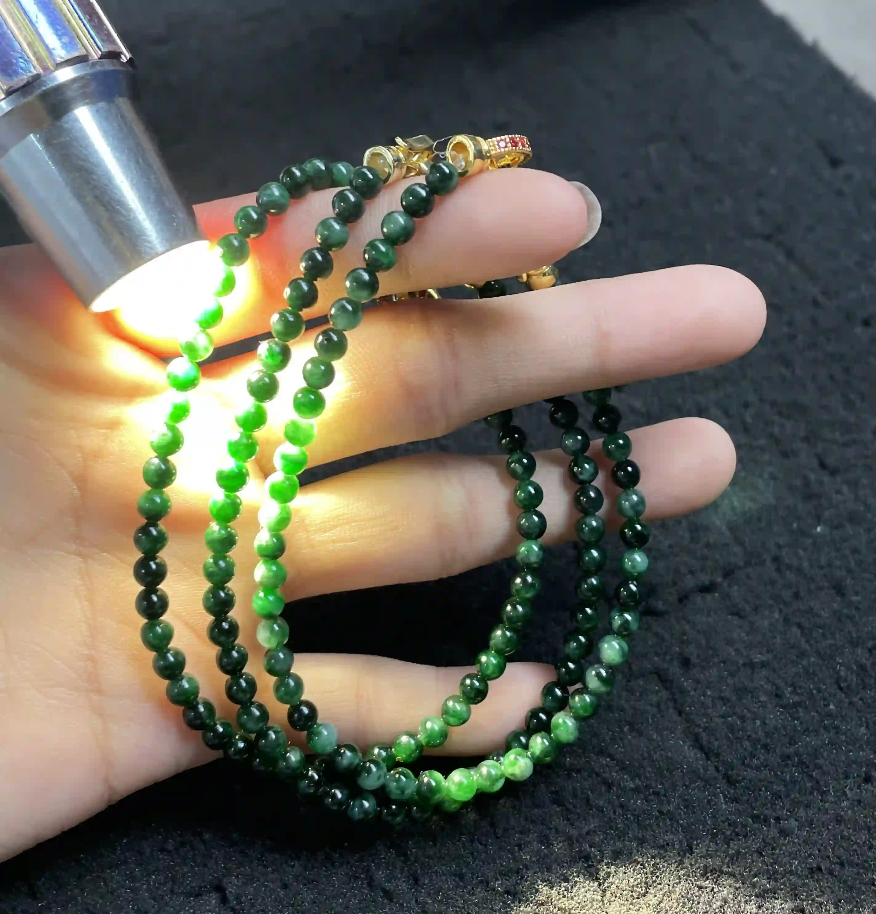  Deep Green Jadeite Beaded Multi-strand Necklace with Gold Accents | Myanmar Jadeite reference #810002