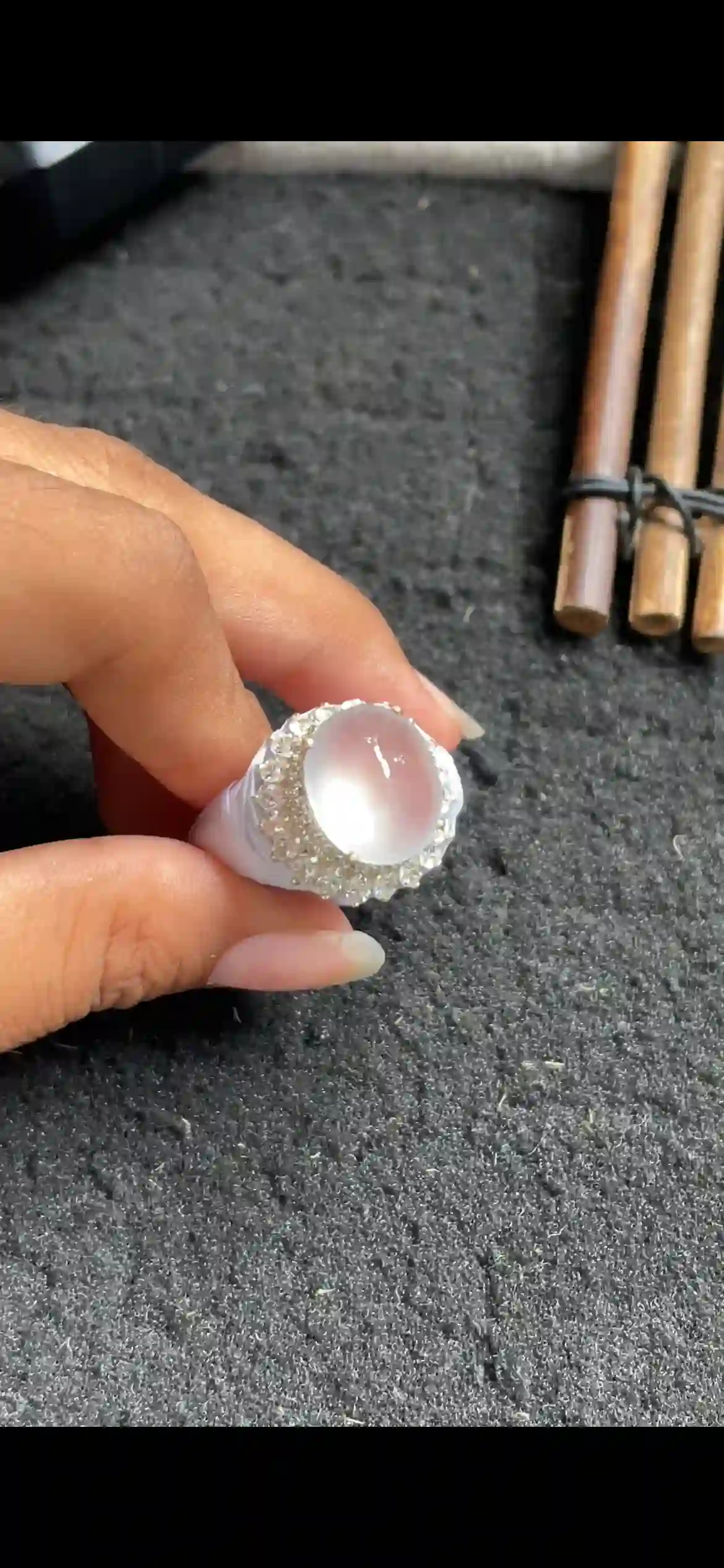 Icy Glassy White Jade Cabochon Ring, Diamond Halo Setting, view 2 | Myanmar Jadeite reference #5160001