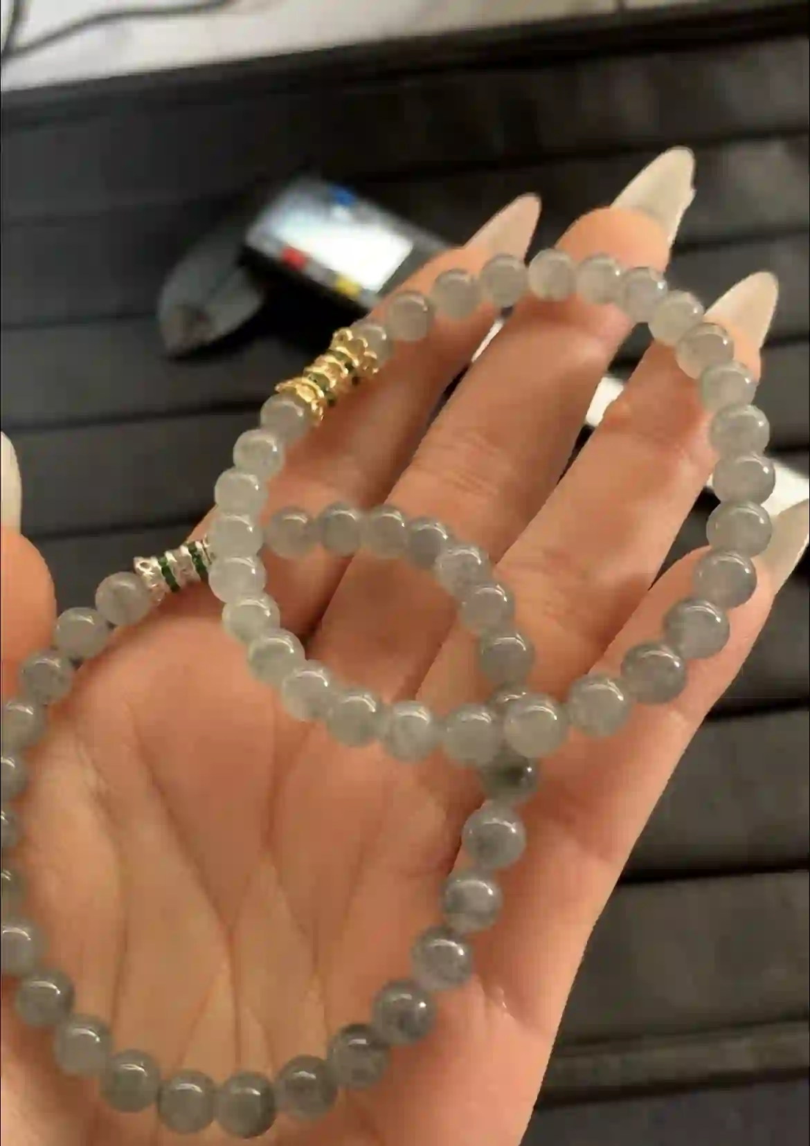 Gray Jade Beaded Bracelets with Decorative Clasps, view 2 | Myanmar Jadeite reference #1230002