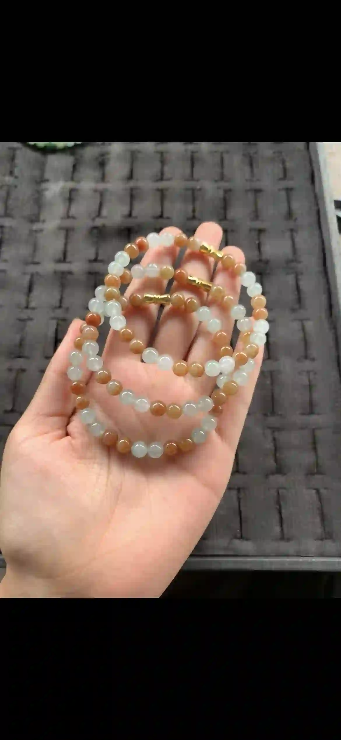 Warm Honey Orange & Icy White Jadeite Bead Bracelet Set with Gold Clasps, view 2 | Myanmar Jadeite reference #22080001