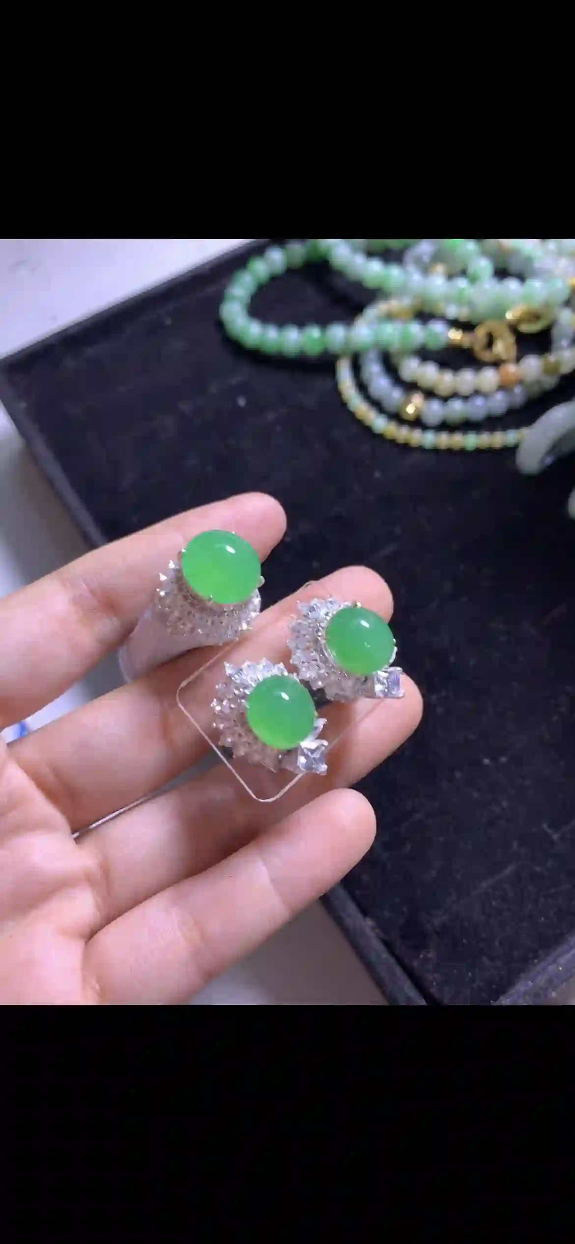 Vivid Green Jadeite Halo Jewelry Set | Myanmar Jadeite reference #17070001