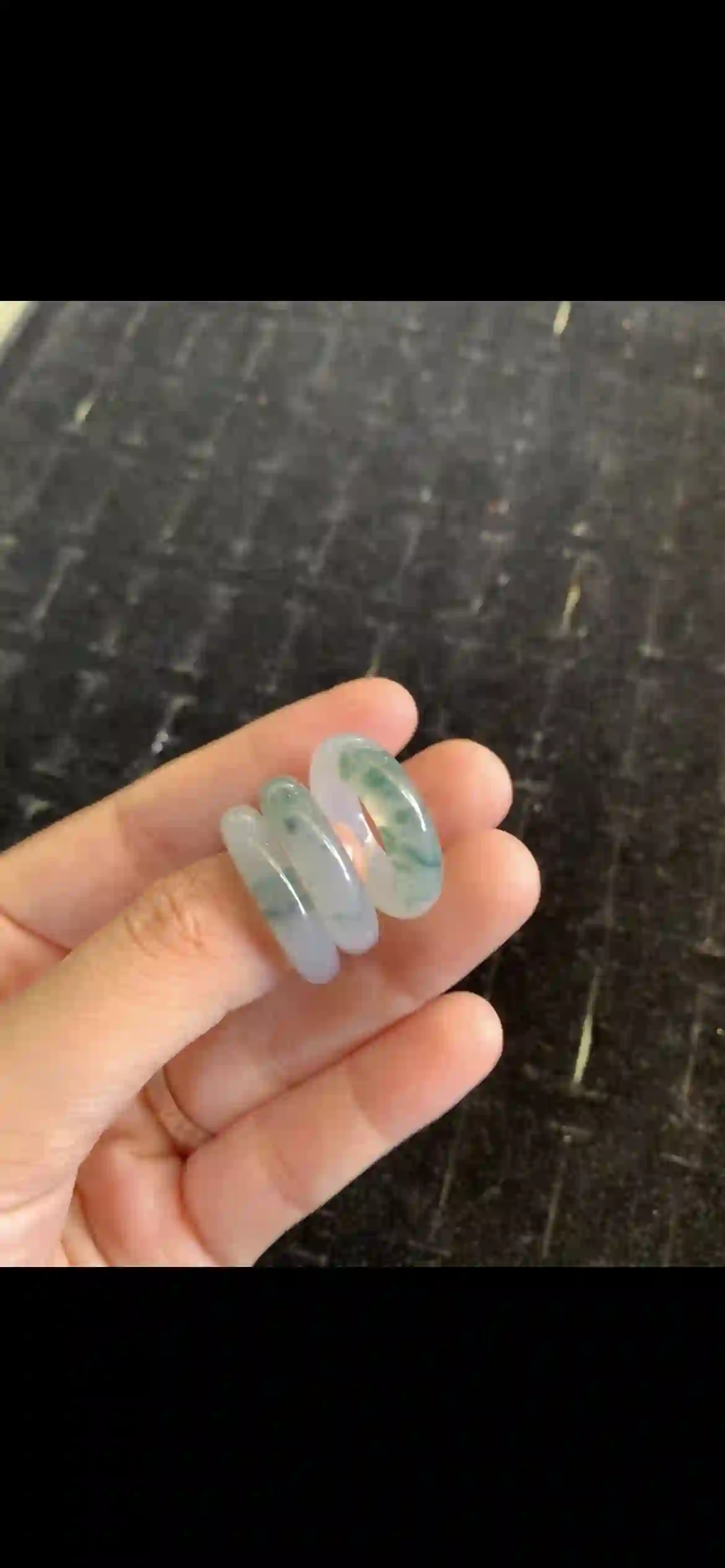 Icy Translucent Jade Band Rings with Floating Green Inclusions — Set of 3, view 2 | Myanmar Jadeite reference #21210001
