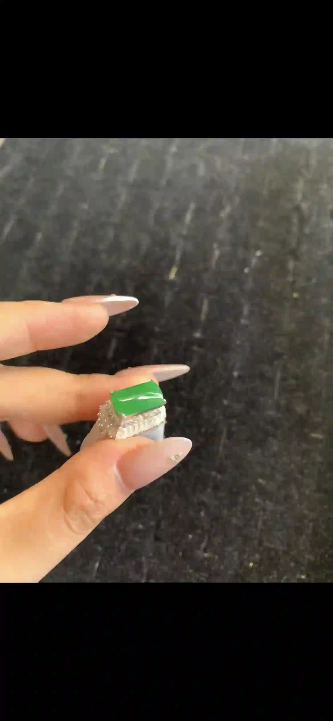Vivid Rectangular Green Jade Ring with Diamond Halo Setting | Myanmar Jadeite reference #22980001