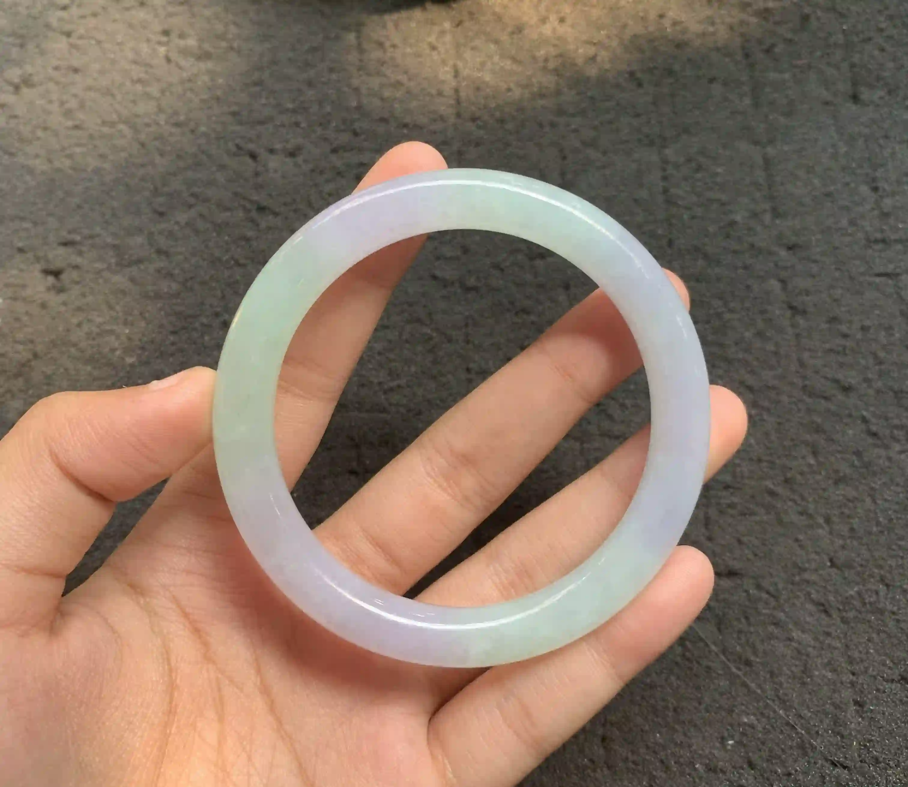 Dual-Tone Lavender and Green Jadeite Bangle, view 2 | Myanmar Jadeite reference #150004