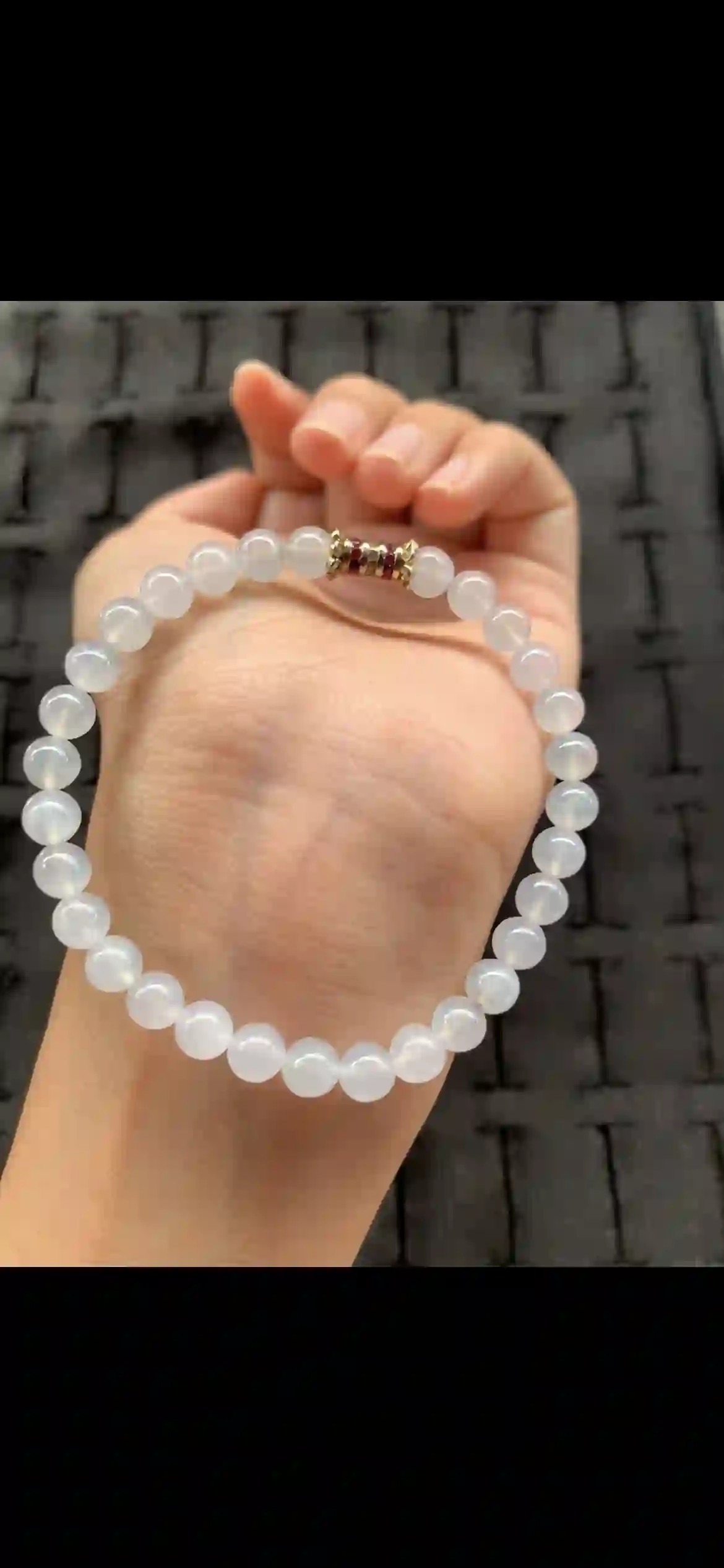 Icy Translucent White Jade Bead Bracelet with Crystal & Ruby Accent Spacer, view 2 | Myanmar Jadeite reference #21420002
