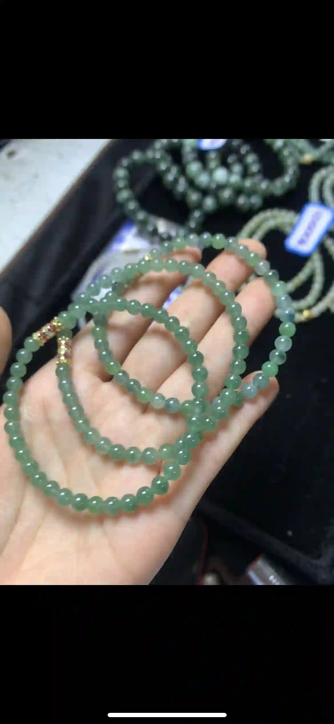 Icy Olive Green Jadeite Bead Necklace with Decorative Spacers, view 2 | Myanmar Jadeite reference #15090001