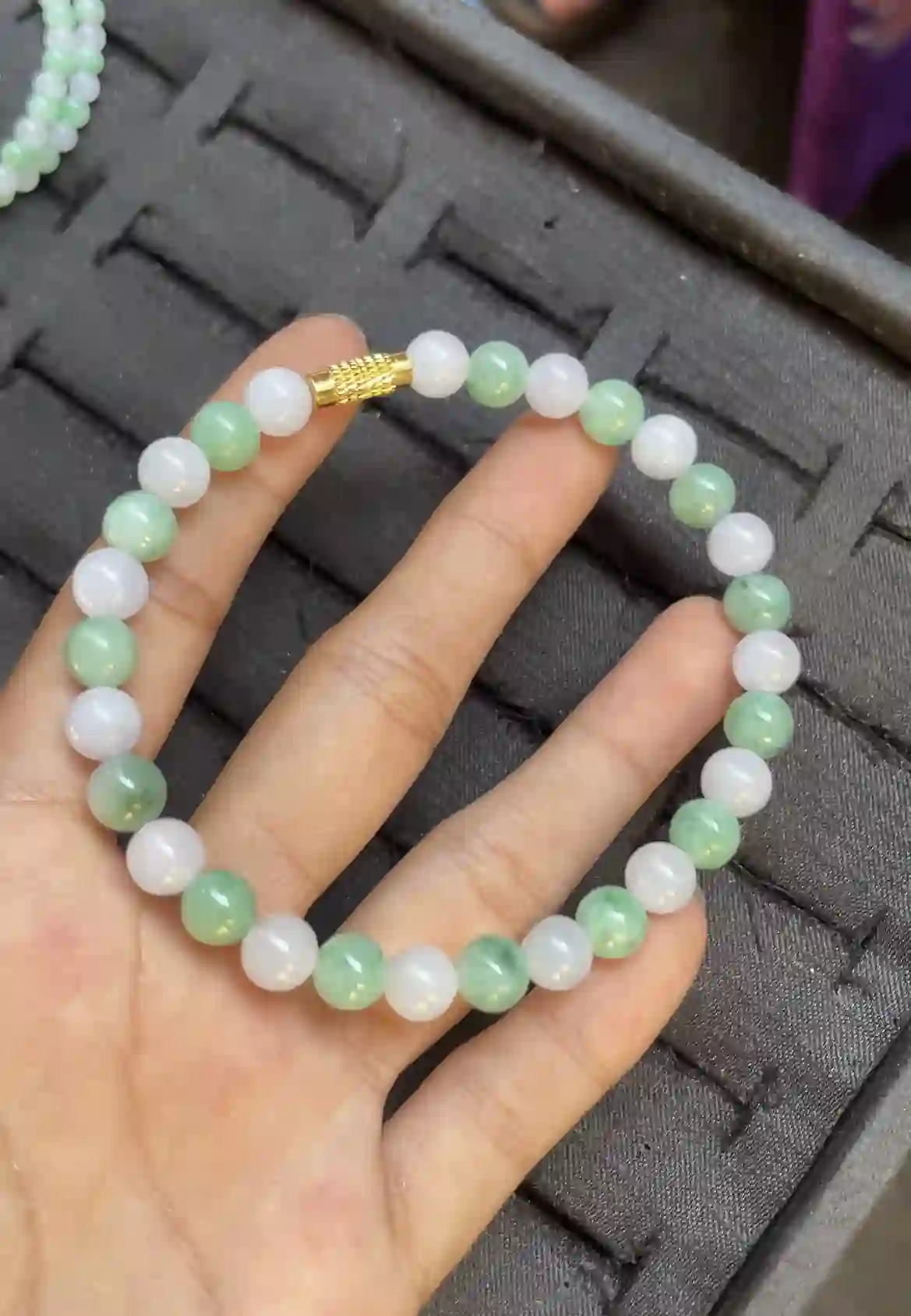 Natural Icy Green Jade Bead Bracelet with Gold Accent, view 2 | Myanmar Jadeite reference #2520007