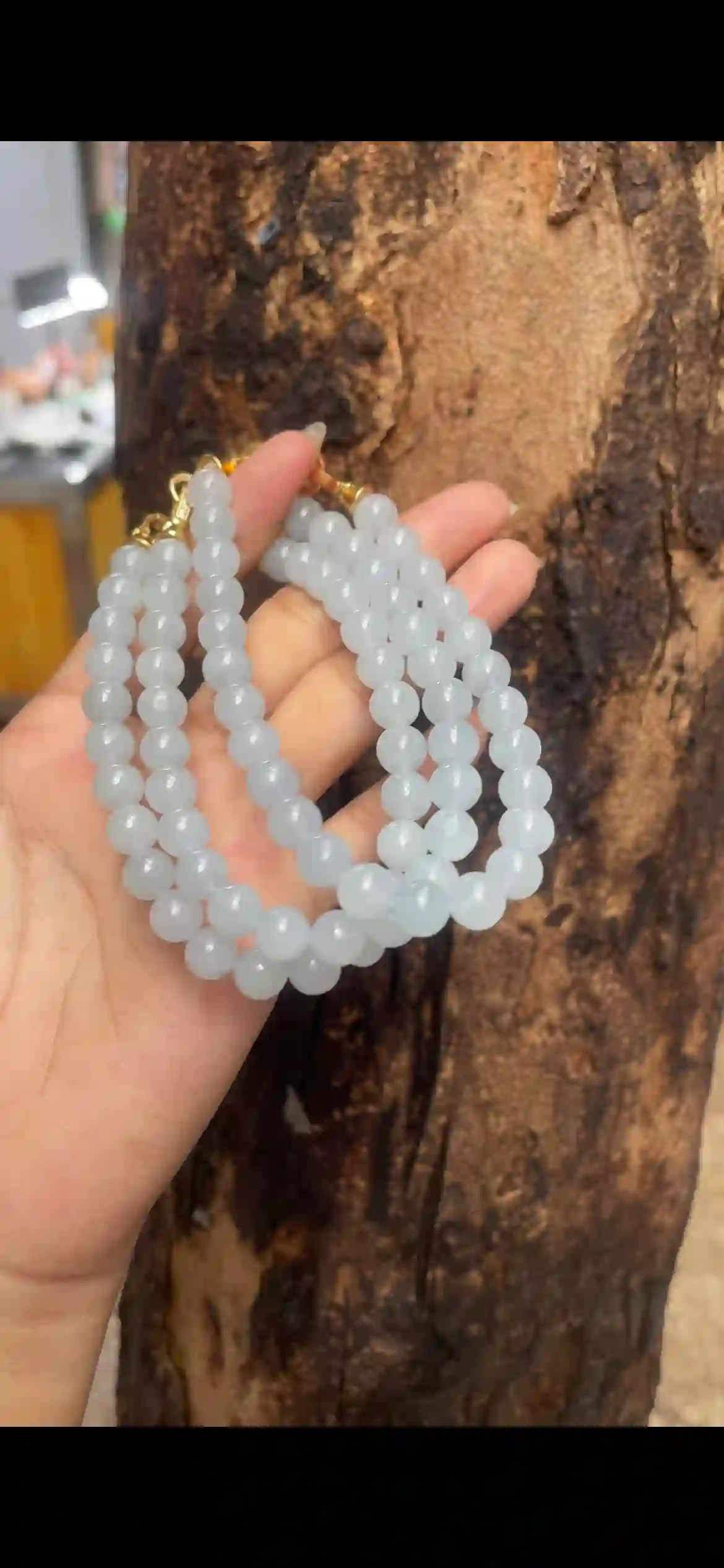  Icy Translucent Pale Blue Jade Bead Multi-Layer Necklace with Gold Clasp, view 2 | Myanmar Jadeite reference #6150001