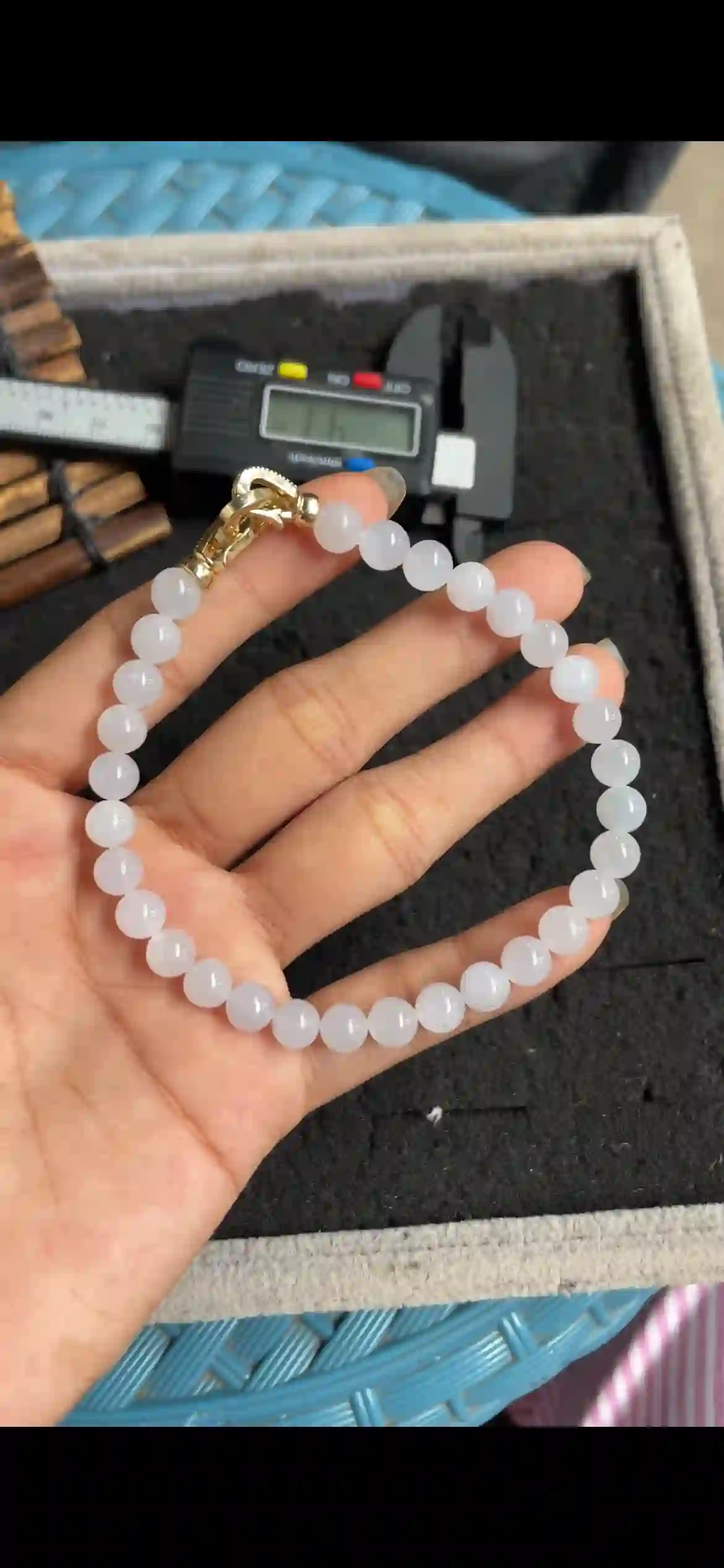  Icy Translucent White Jade Bead Bracelet with Polished Gold Clasp, view 2 | Myanmar Jadeite reference #5520001