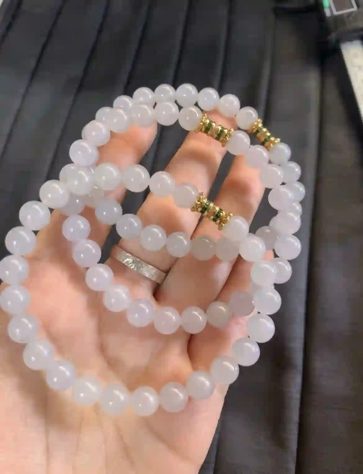   Icy Translucent White Jadeite Beaded Bracelet with Gold Plated Accents | Myanmar Jadeite reference #3240001